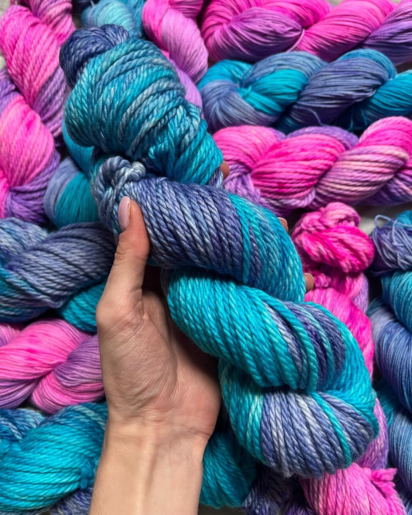 you can pre order my new spring colour ways now! introducing &ldquo;hot goss&rdquo;, a lipgloss pink with a swirl of lilac, and &ldquo;first dog in space&rdquo; a cosmic blue with starry lilac sprinkles ✨

both colour ways are available in merino soc