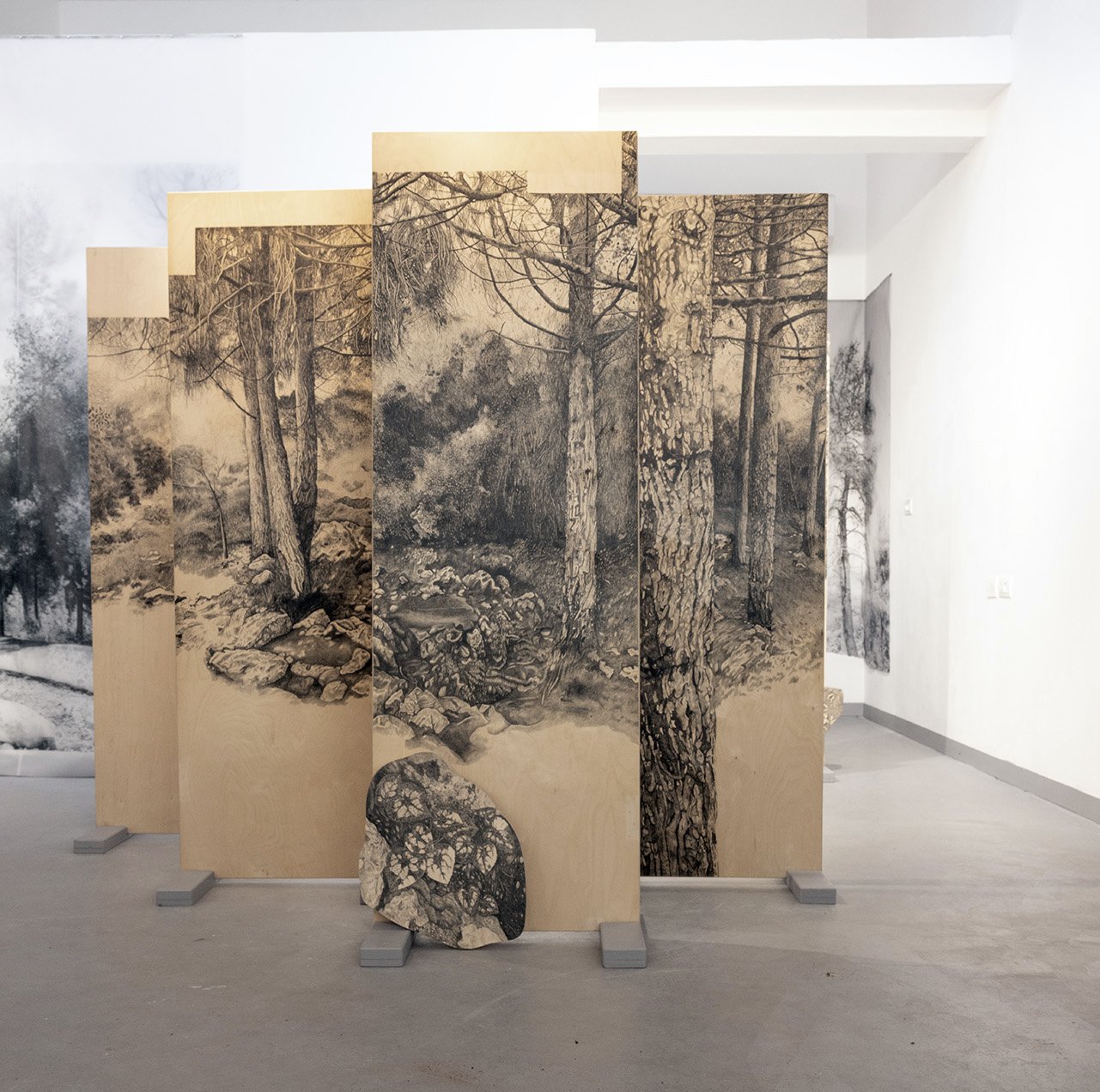 Another place that's not here, graphite on birch wood, 300cm x 180cm, installation view