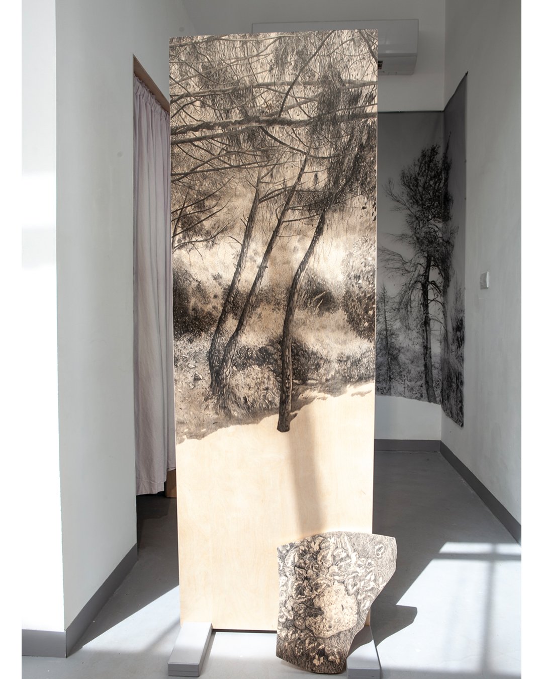 Another place that's not here, detail, graphite on birch wood, 300cm x 180cm, installation view