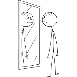 A stick figure person looking at their reflection in a mirror.