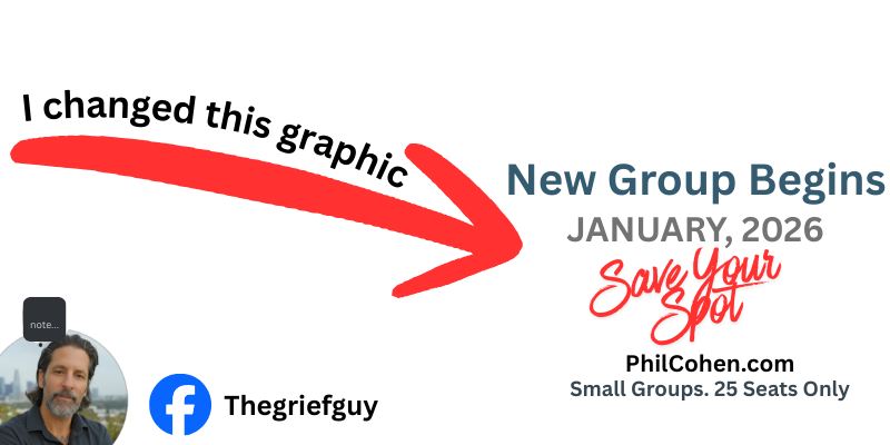 Graphic advertising a new group starting in January 2026 with a note to save your spot, featuring a red arrow and text, with a small photo of a man and Facebook page info.