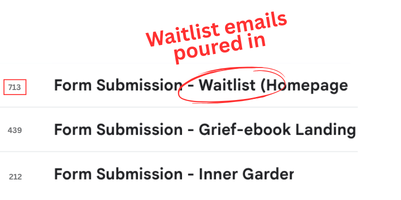 Screenshot of email waitlist submissions showing three form titles: 1. Waitlist (Homepage) with 713 submissions, 2. Grief-ebook Landing with 439 submissions, 3. Inner Gardner with 212 submissions. The 'Waitlist (Homepage)' is highlighted with red text and a red circle, with the note 'Waitlist emails poured in' in red above.