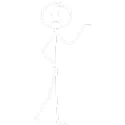 Simple white stick figure on black background, smiling and waving.