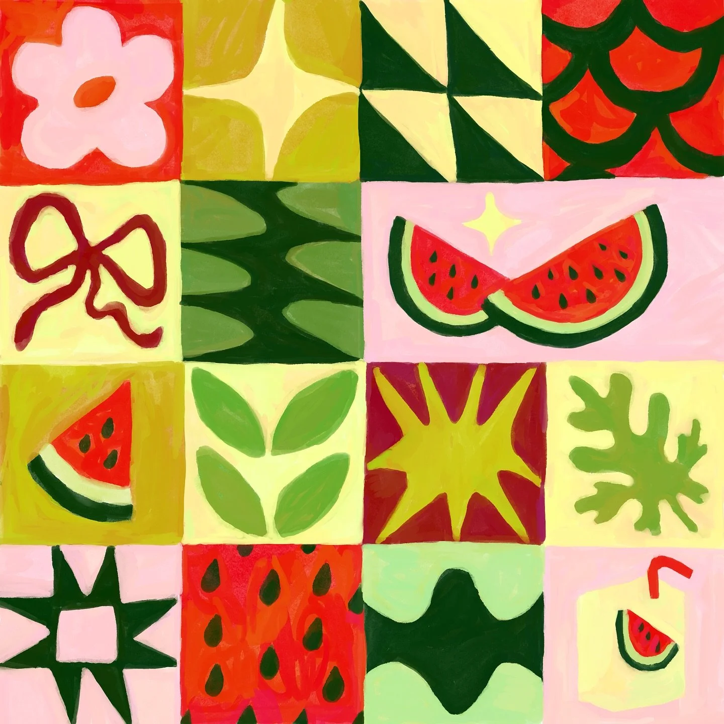 Watermelon is perhaps not in season (but it&rsquo;s red, a little Christmas-like? No? 🤭)
But I&rsquo;m making it into a sticker anyways 😤😁 #quiltdrawing #squareart #procreate #digitalillustration