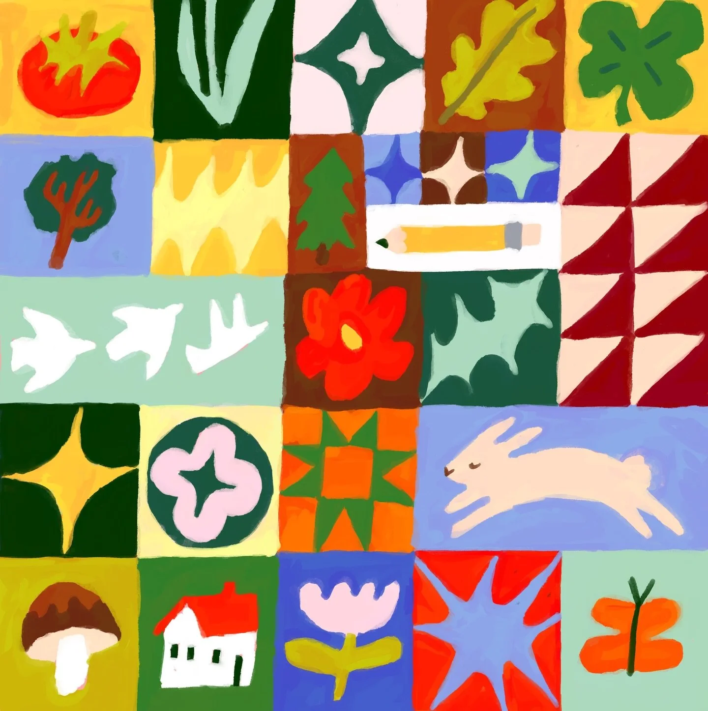 Drew a new quilt drawing and accidentally made it the wrong size for IG 🙃
But it has lots of my favorite things to draw, birds, bunnies, trees, leaves, pencils, tomatoes, flowers and just shapes that I like 🥰

#quiltdrawing #procreateillustration