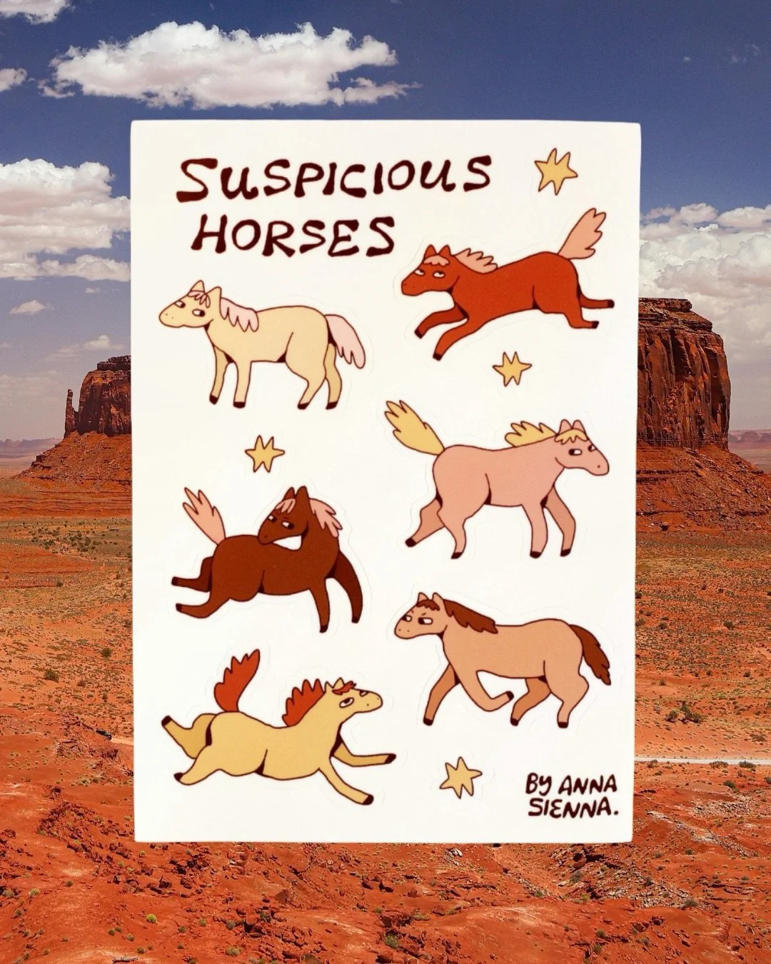 Just showing off my sticker sheet featuring 6 very suspicious horses and 4 small decorative star vinyl stickers 🐴⭐️🥰 I love them so much! 

#stickerlover #stickersheet