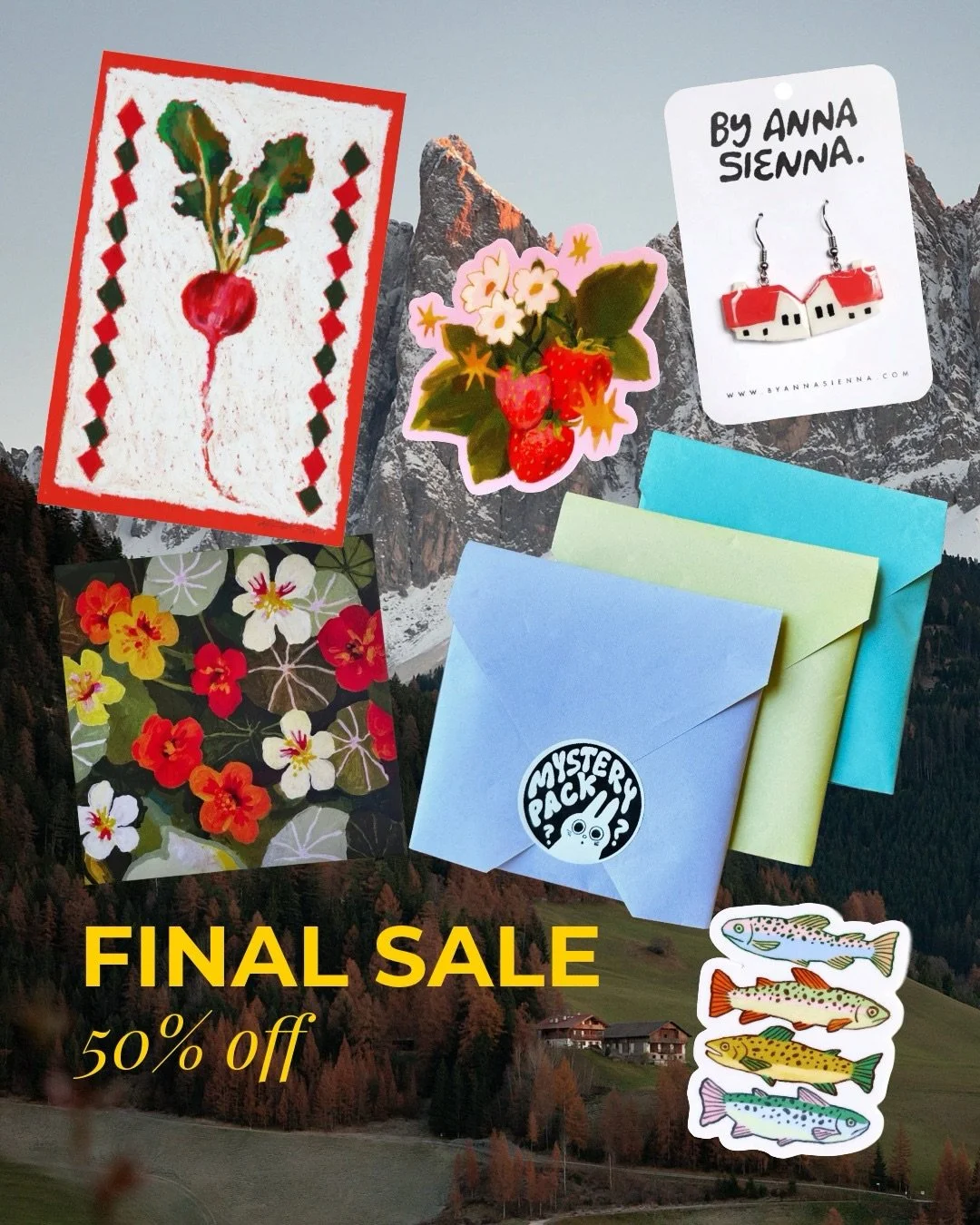 🔥 FINAL SALE! 🔥

Along with my &rdquo;regular&rdquo; sale there&rsquo;s now a 50% off section and new PRINT mystery packs! 🥳
Most items are very limited in stock so don&rsquo;t wait, there are stickers, prints, earrings and even a couple of origin