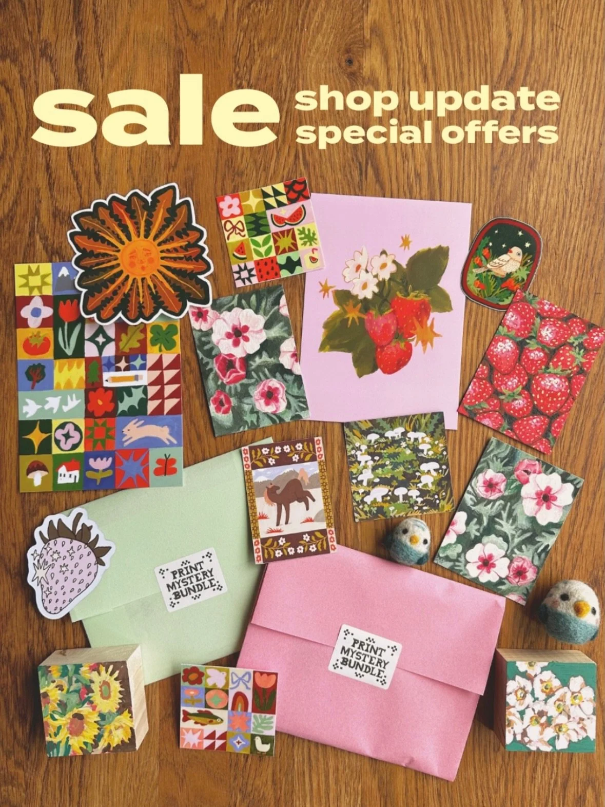 SALE and SHOP DROP is live! 🥳

🔥Stickers from $2 and print mystery bundles!

🔥All hand made and original art is 50% off OR MORE!

🔥New cute items and limited edition prints

🔥Free shipping on orders over $45 (tracked mail not included) with code