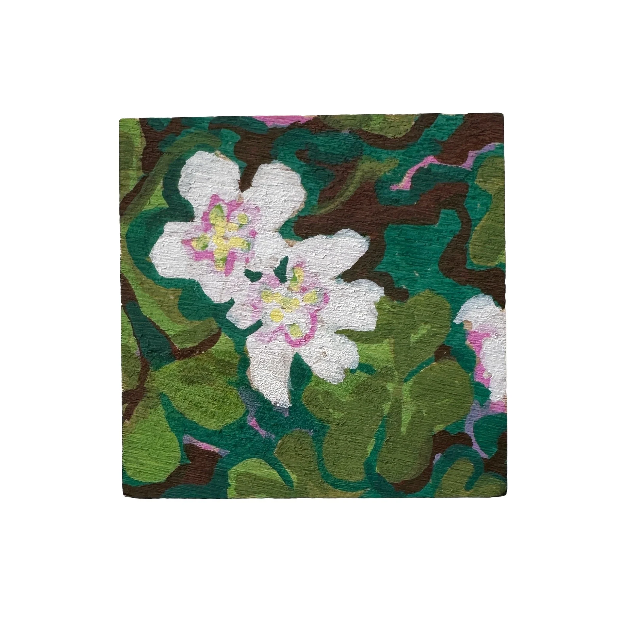 Mini Painting On Wood Block: White Flowers & Clover