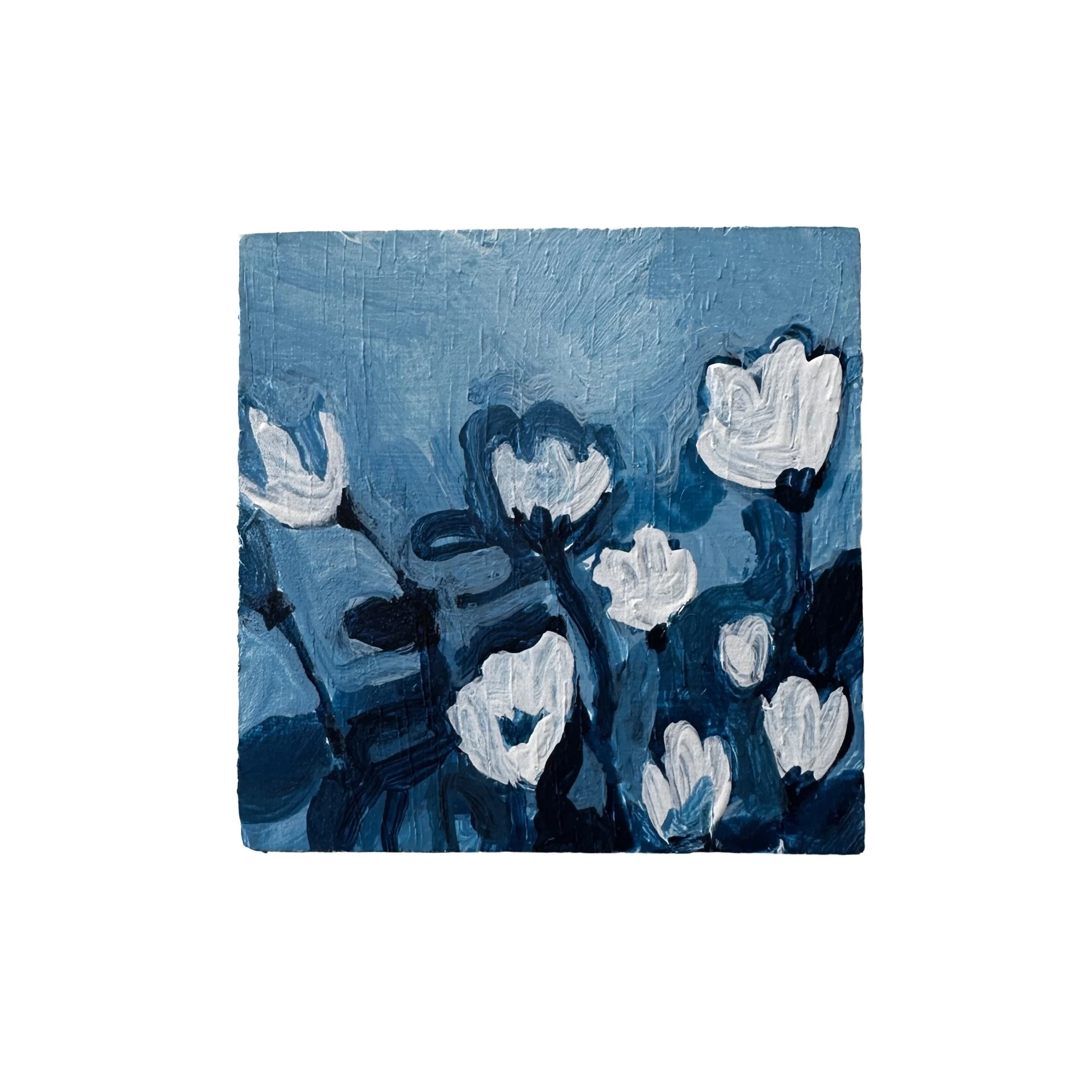 Mini Painting On Wood Block: White Flowers On Blue