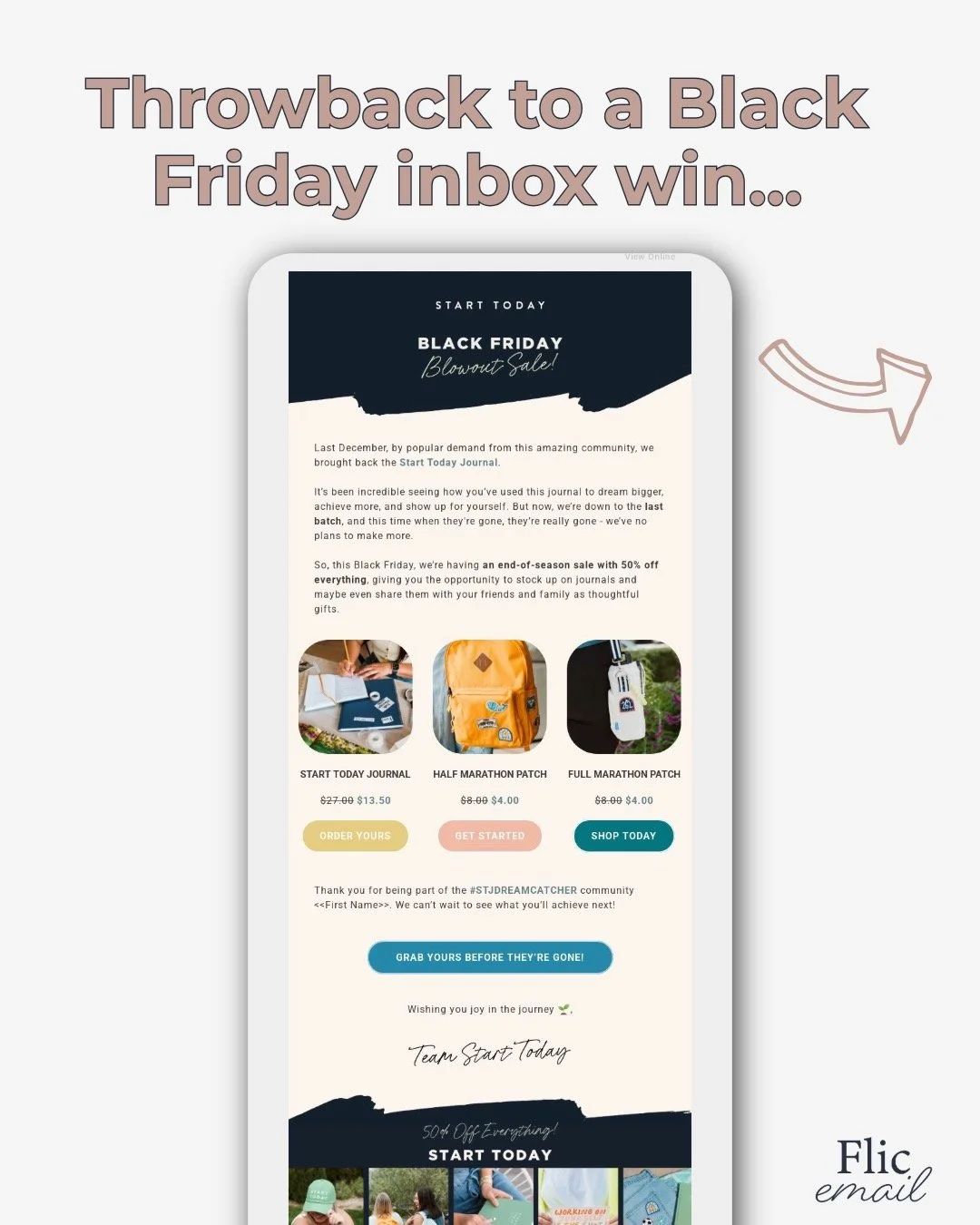 This time last year, I got to dive into a Black Friday campaign for Rachel Hollis&rsquo; Start Today brand.

We split the campaign between past customers and non-purchasers, with one clear goal: sell the journals. Her audience was already super engag