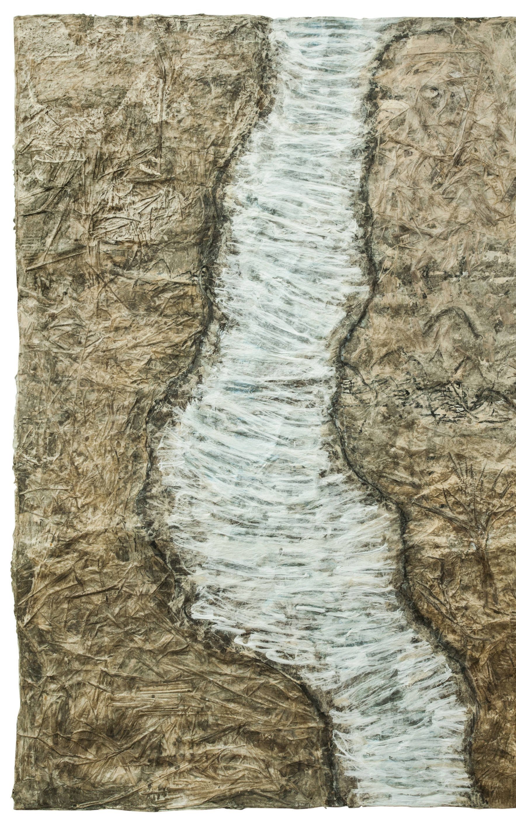 Jayashree Chakravarty | Vidyadhari Nadi | Cotton fabric, Nepali paper, tissue paper, jute, grass, dry leaves, weeds, tea stain, clay, glue, sequence, glass beads | 74.5 x 50.5 in | 2016