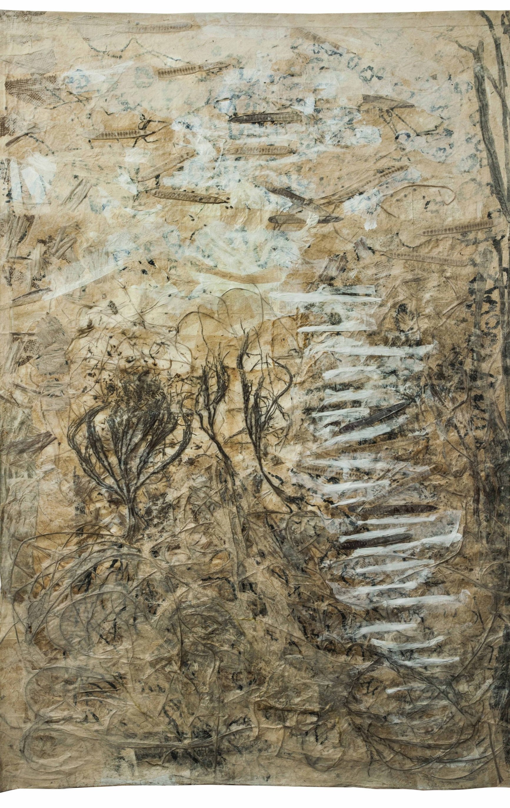 Jayashree Chakravarty | Dying Stream | Cotton fabric, Nepali paper, tissue paper, jute, grass, dry leaves, weeds, tea stain, clay, glue, sequence, glass beads, magnetic tape of old audio cassettes | 76.5 x 50.75 in | 2016
