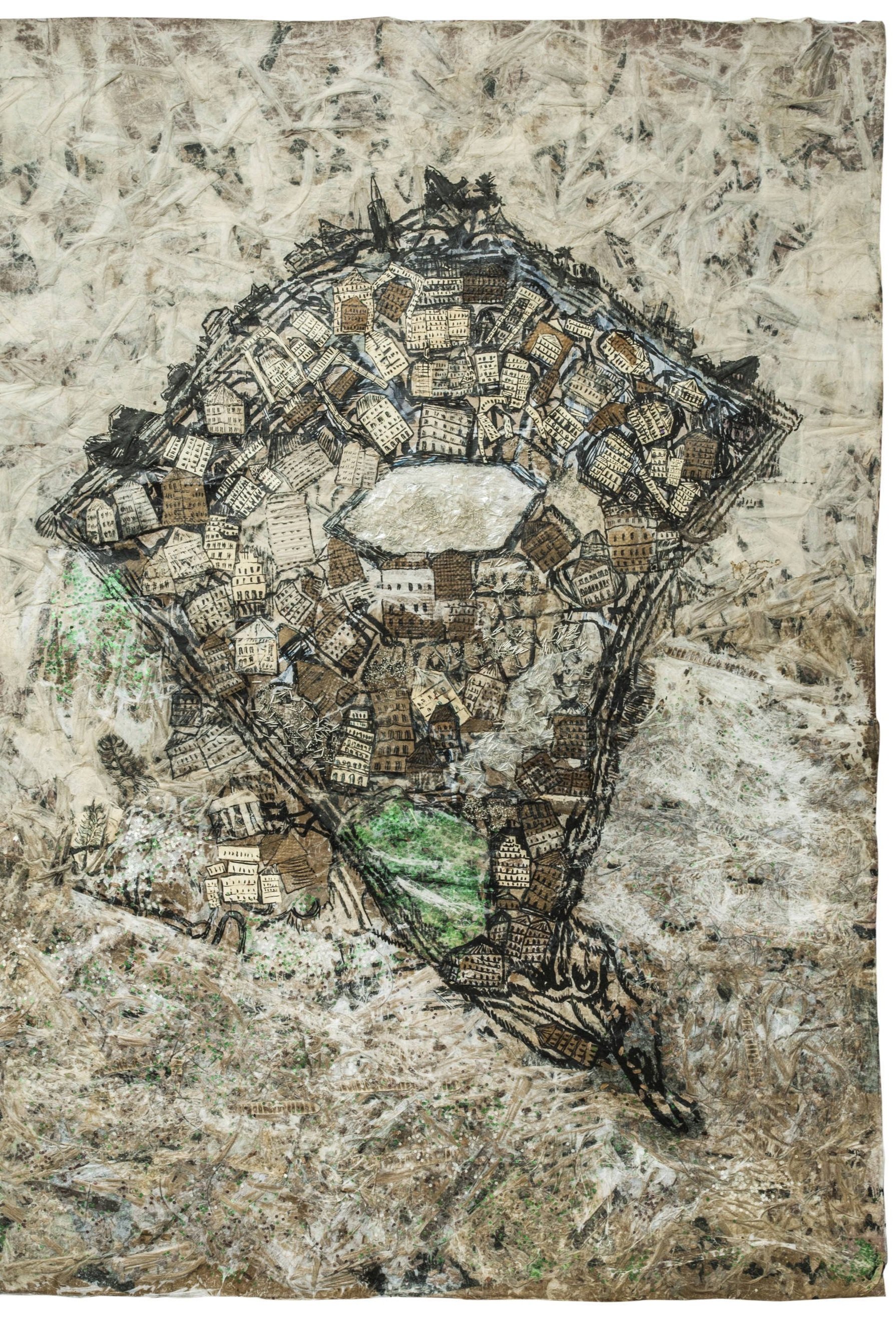 Jayashree Chakravarty | Lost lake under the city | Cotton fabric, Nepali paper, tissue paper, jute, grass, dry leaves, weeds, tea stain, clay, glue, sequence, glass beads | 71.25 x 49.25 in | 2016