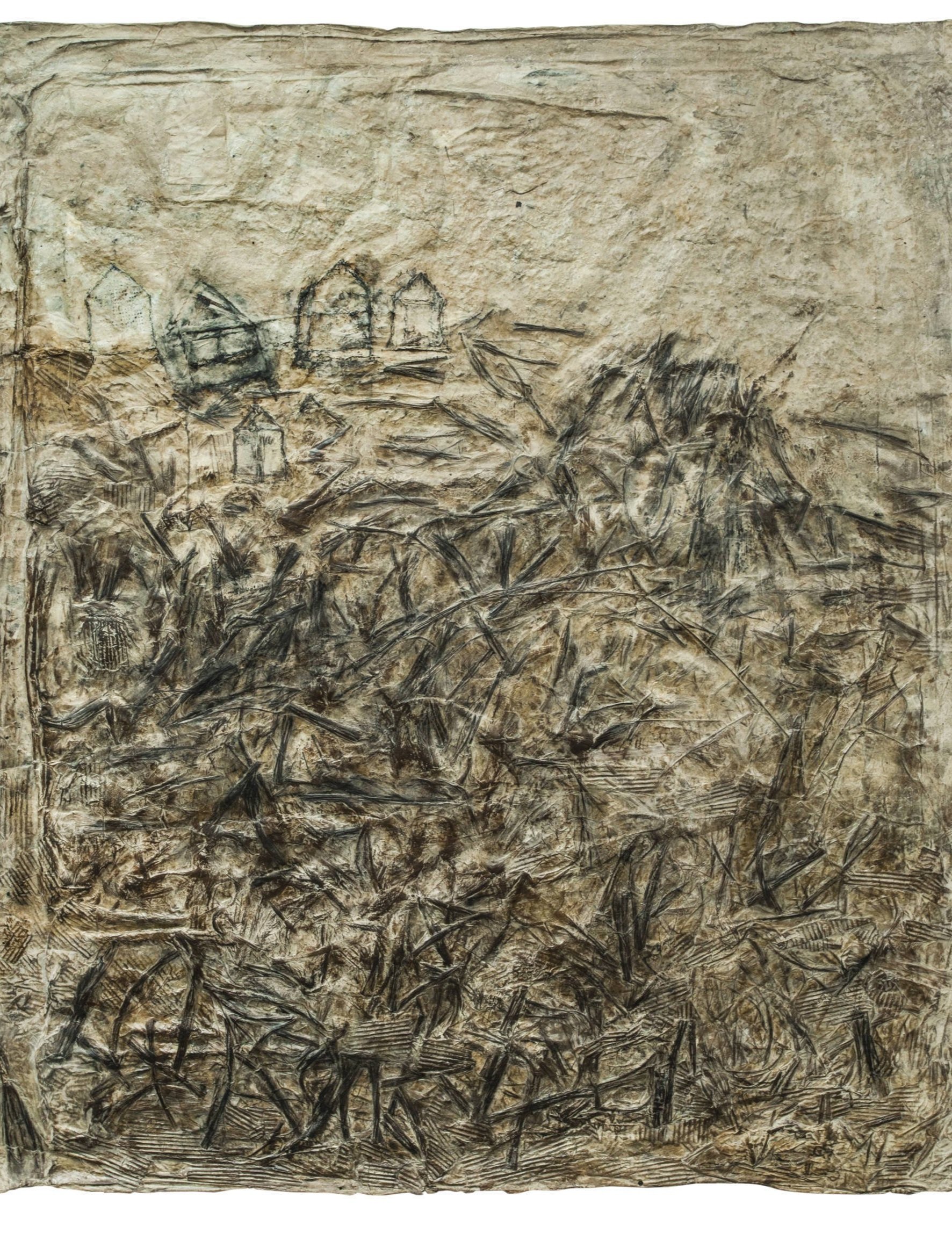 Jayashree Chakravarty | Marshland to sandland | Cotton fabric, Nepali paper, tissue paper, jute, grass, dry leaves, weeds, tea stain, clay, glue, sequence, glass beads | 74.25 x 60.75 in | 2016