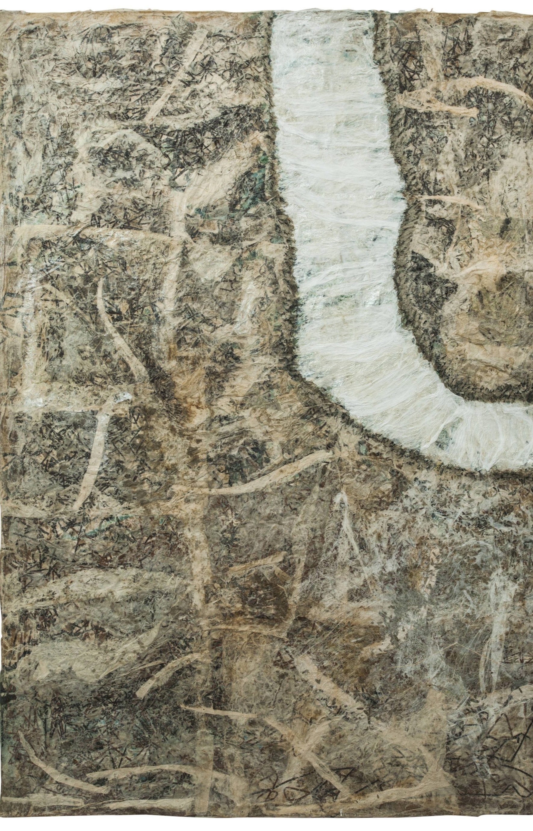 Jayashree Chakravarty | Remains of Vidyadhari Nadi | Cotton fabric, Nepali paper, tissue paper, jute, grass, dry leaves, weeds, tea stain, clay, glue, sequence, glass beads | 74 x 50 in | 2016