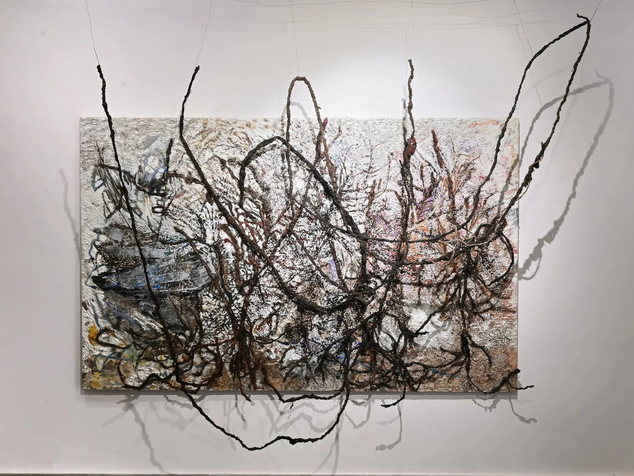 Jayashree Chakravarty | Living extensions | Oil, acrylic, organic material, glue and wire on canvas | 54 x 82 x 20 in | 2026
