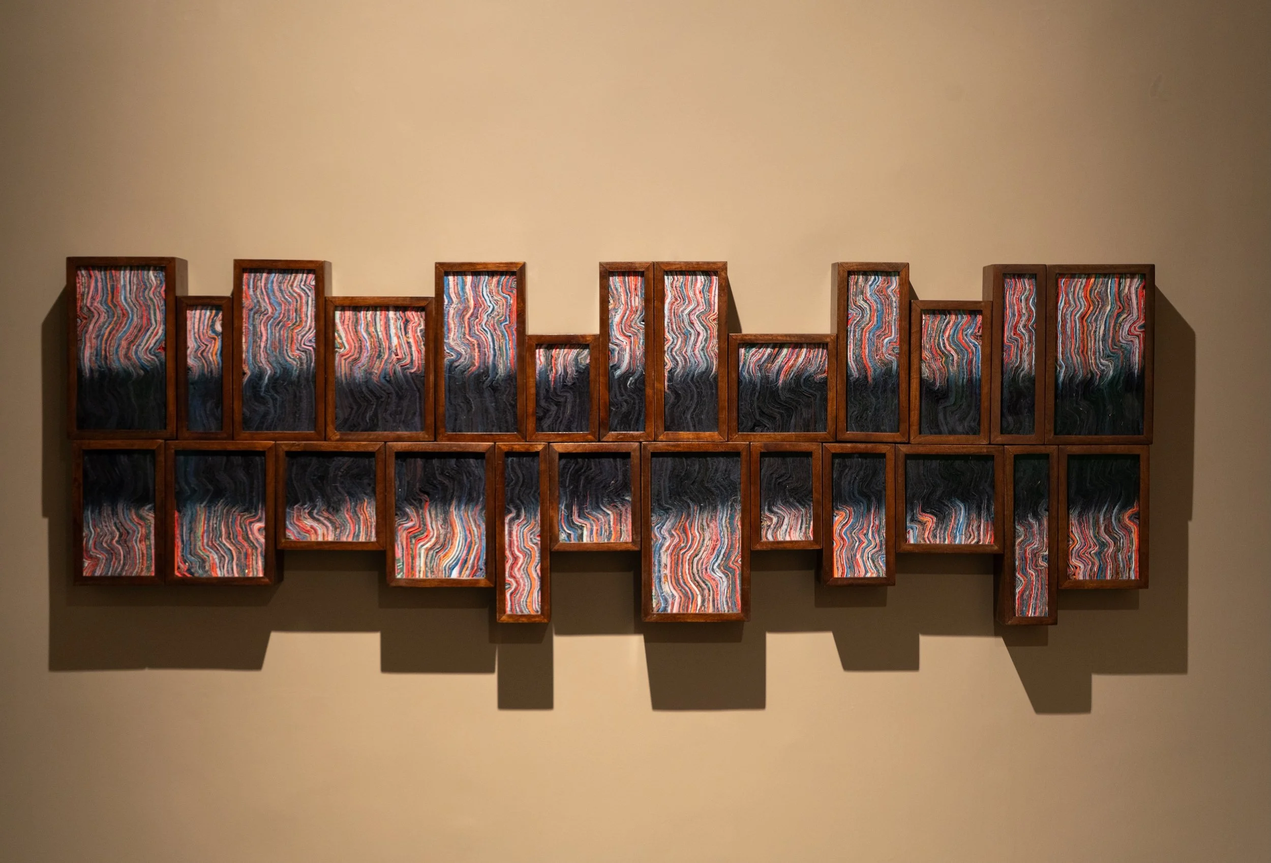 Once I was a River (Set of 25) | Reclaimed Fabric & wood | Installation Size : 60 x 20 in | 2026
