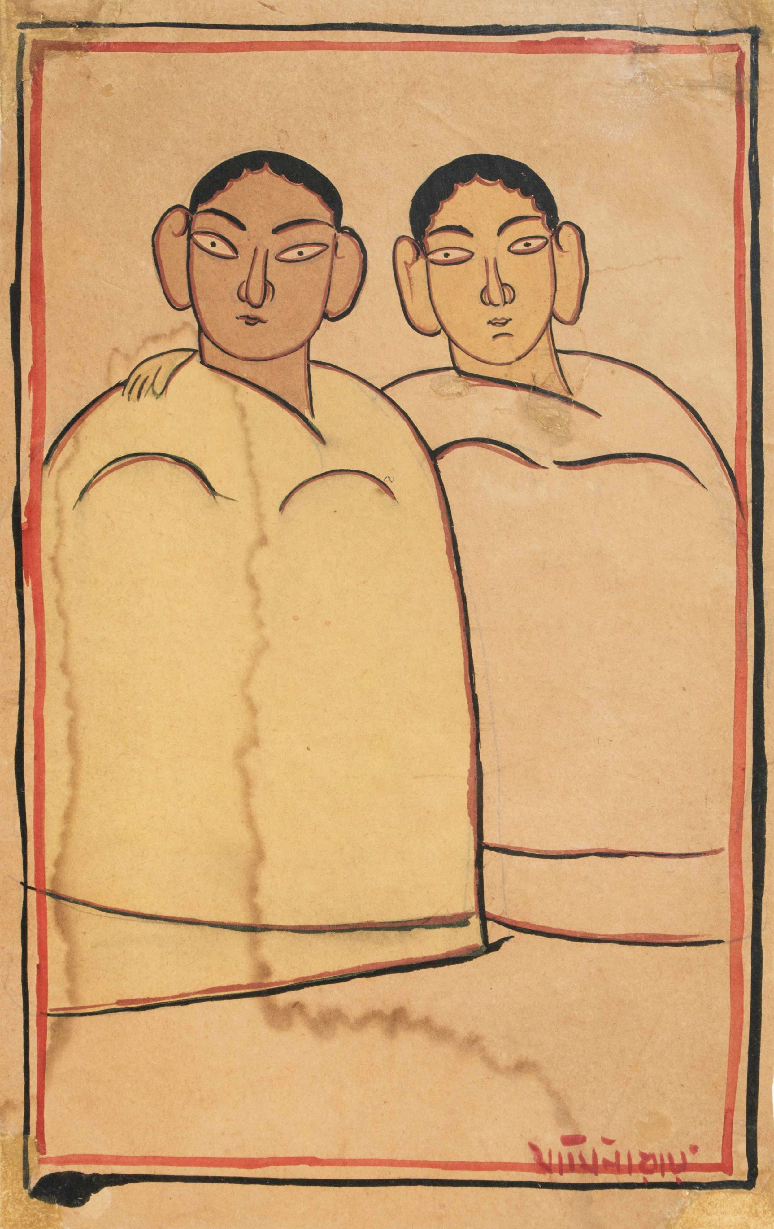 Jamini Roy | Friends (Signed) | Gouache on paper | 13 x 8 inch