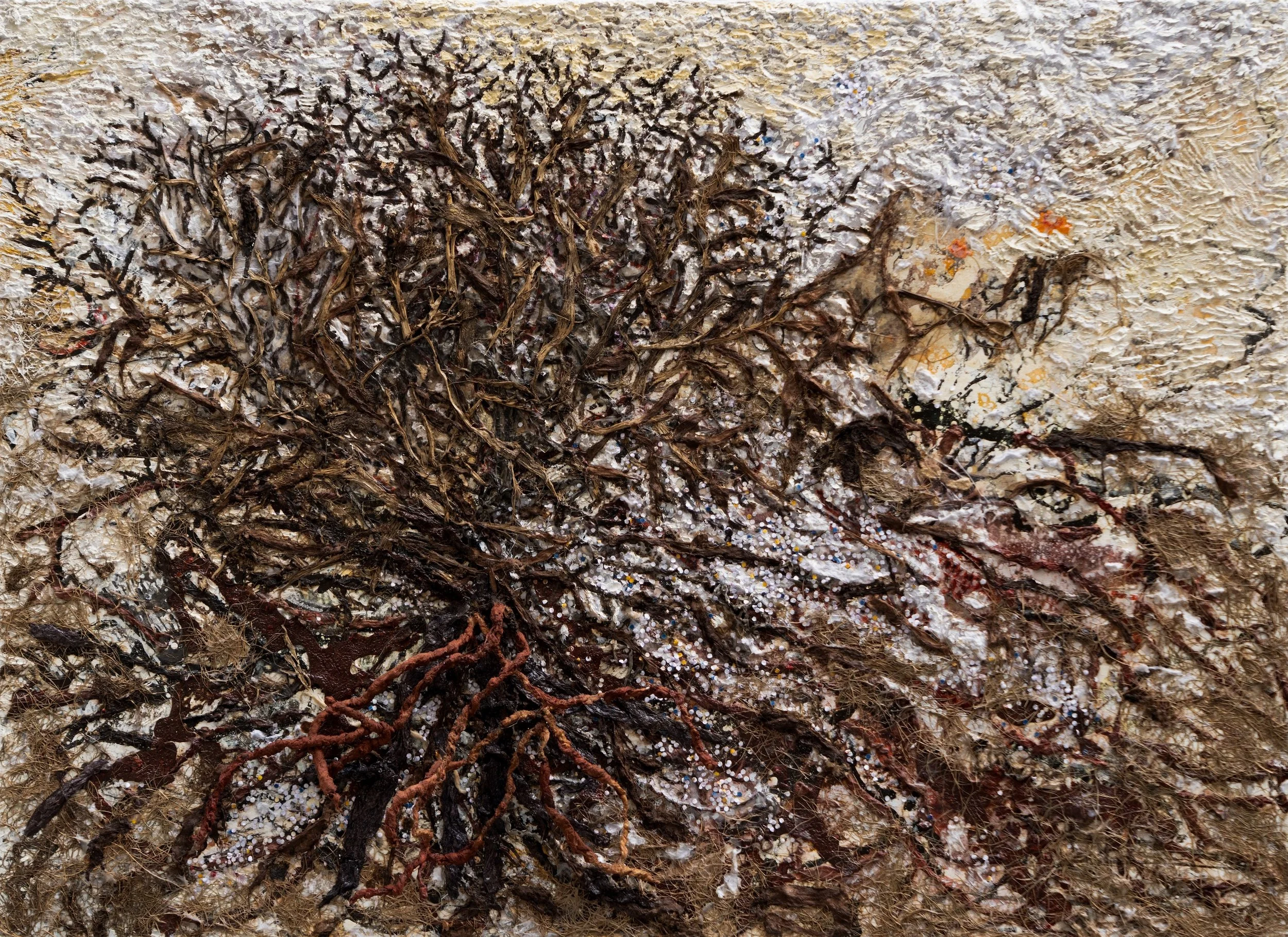 Abstract artwork featuring intricate lines, textures, and various floral and natural forms in muted tones of black, white, and yellow.