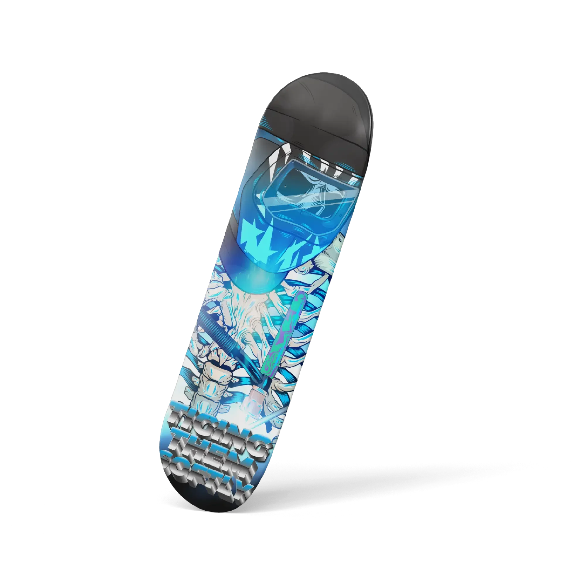 Tiging Them Softly Skelly Welder Skateboard Deck – angled side view highlighting concave and vibrant blue tones