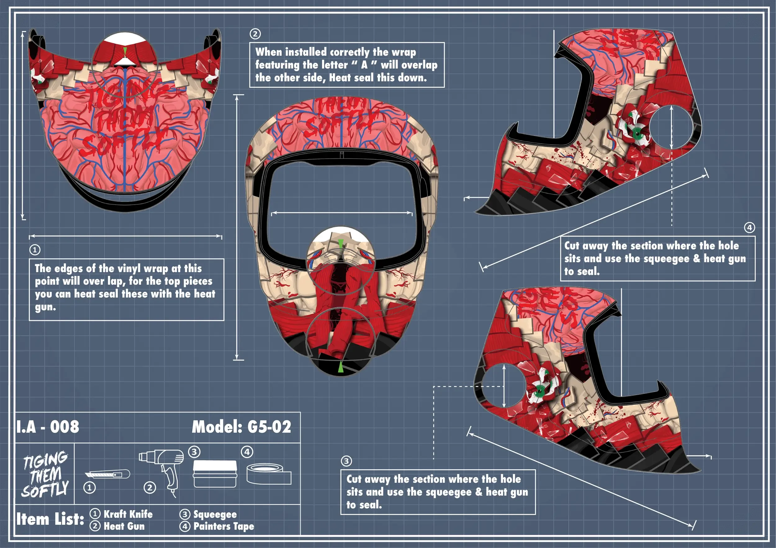 IA-008 final Flesh welding hood wrap — overlapping A-side alignment, heat sealing, and final edge finishing