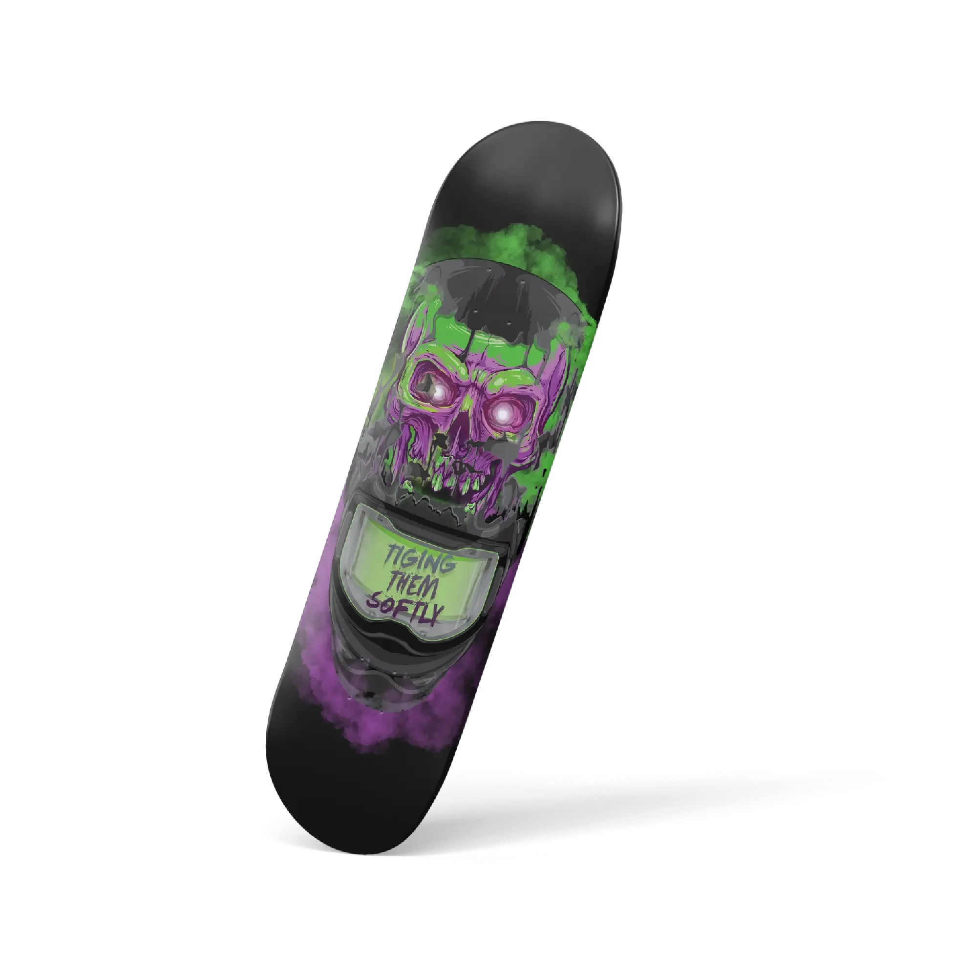 Tiging Them Softly Skull Skateboard Deck – angled side view highlighting deck concave and vivid print