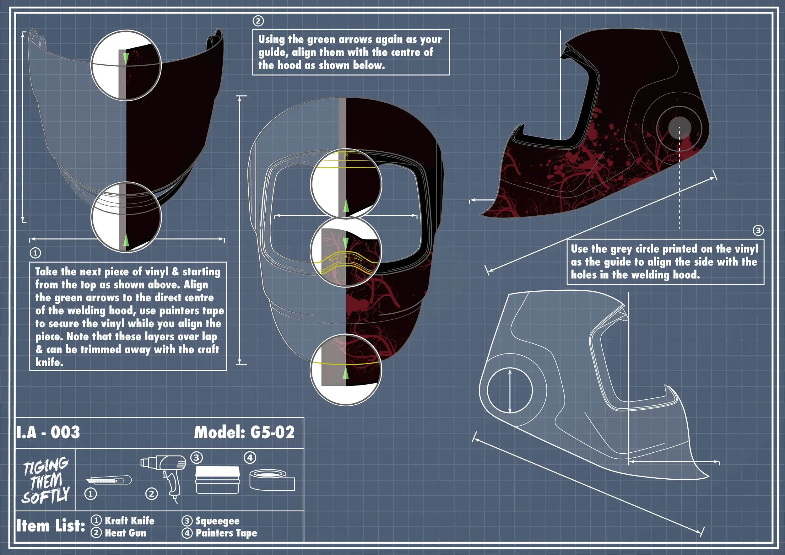 IA-003 Flesh welding helmet vinyl — second layer alignment and overlap trimming using painter’s tape and craft knife