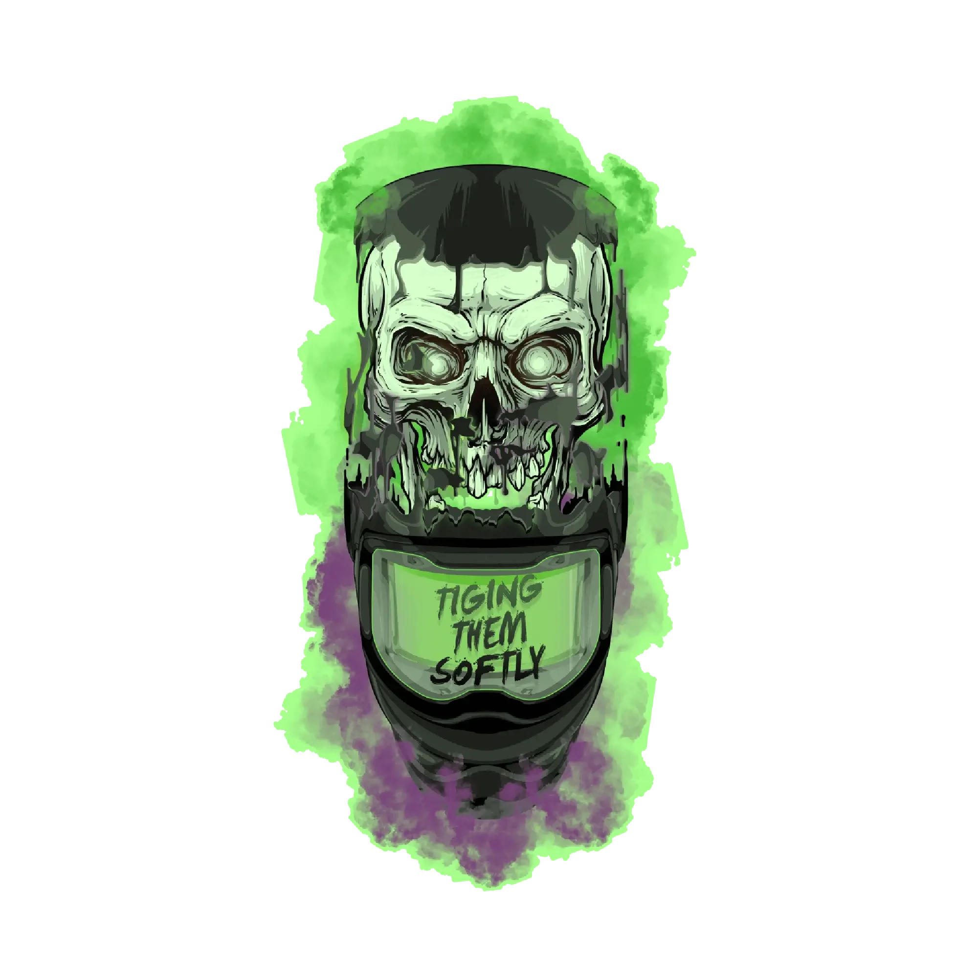 Glow-in-the-dark green skull welding hood sticker – Tiging Them Softly design