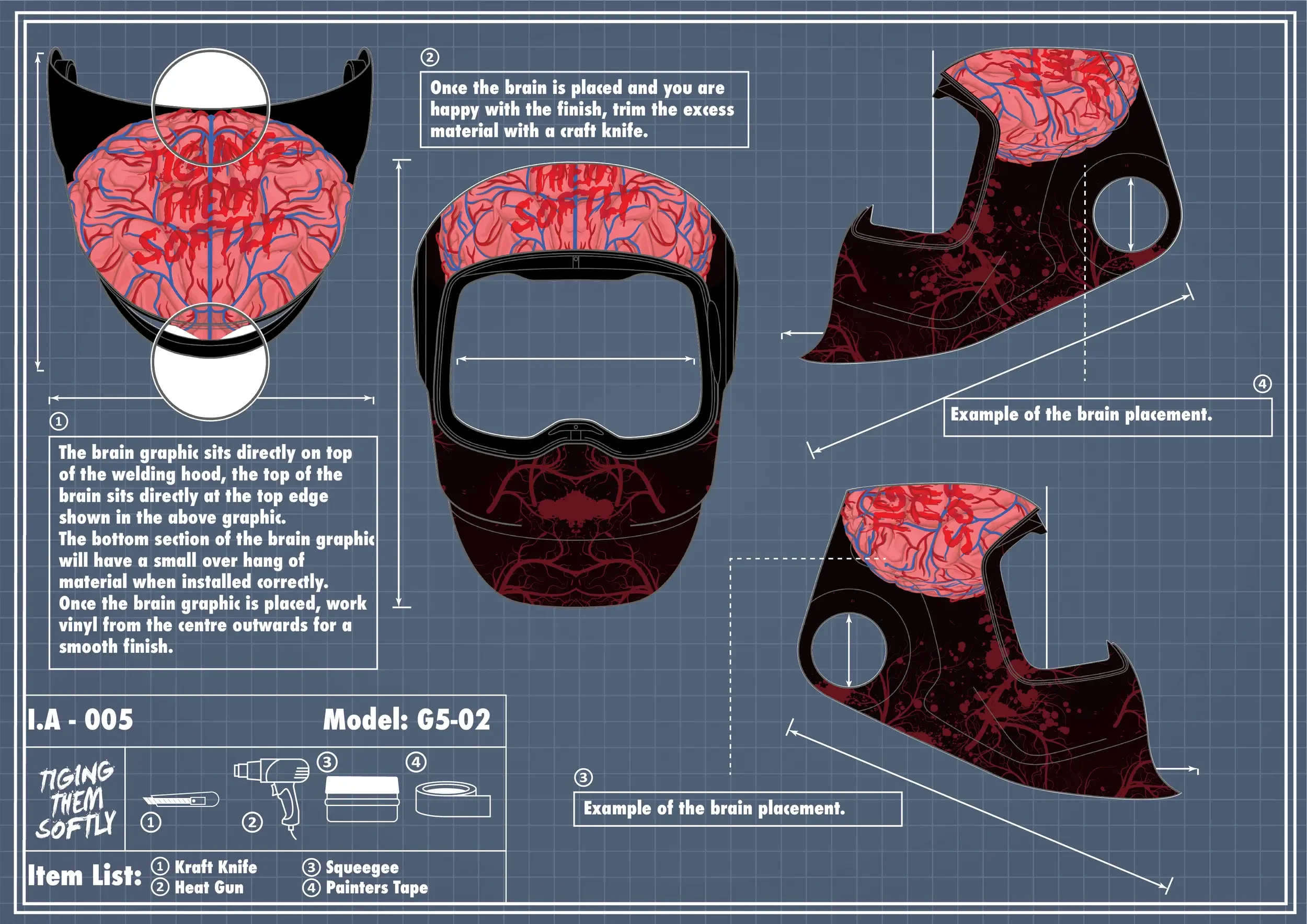 IA-005 Flesh welding hood wrap — brain graphic alignment and vinyl smoothing across the top and side panels