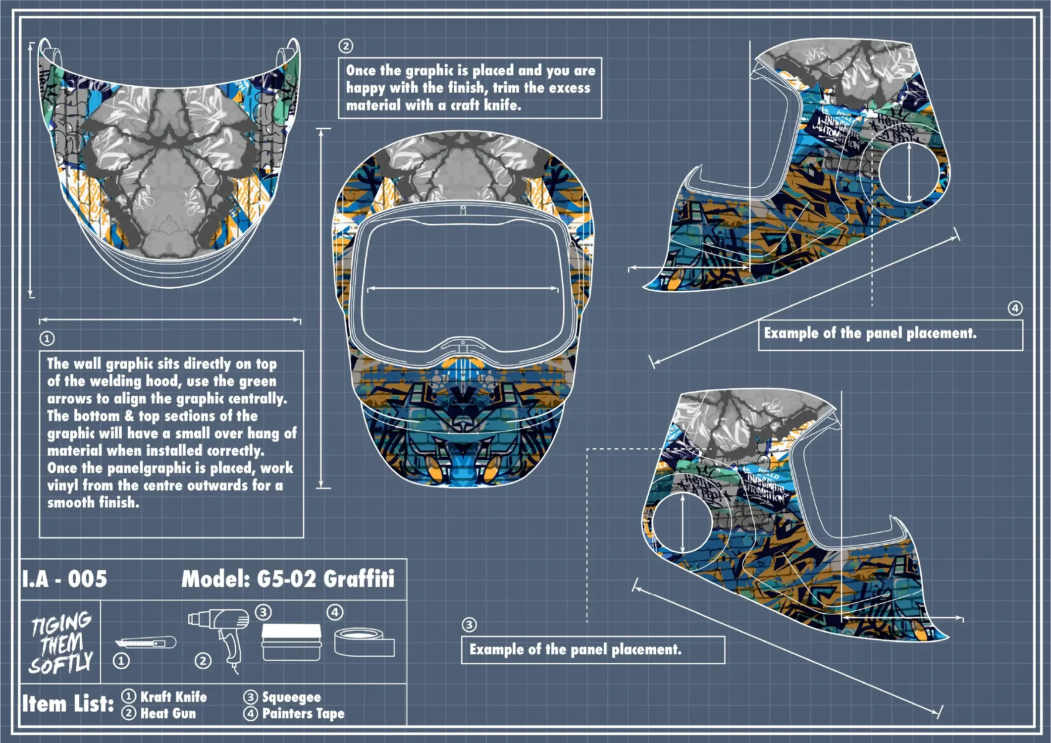 IA-005 G5-02 Graffiti wrap alignment — panel placement and trimming for welding hood front and sides