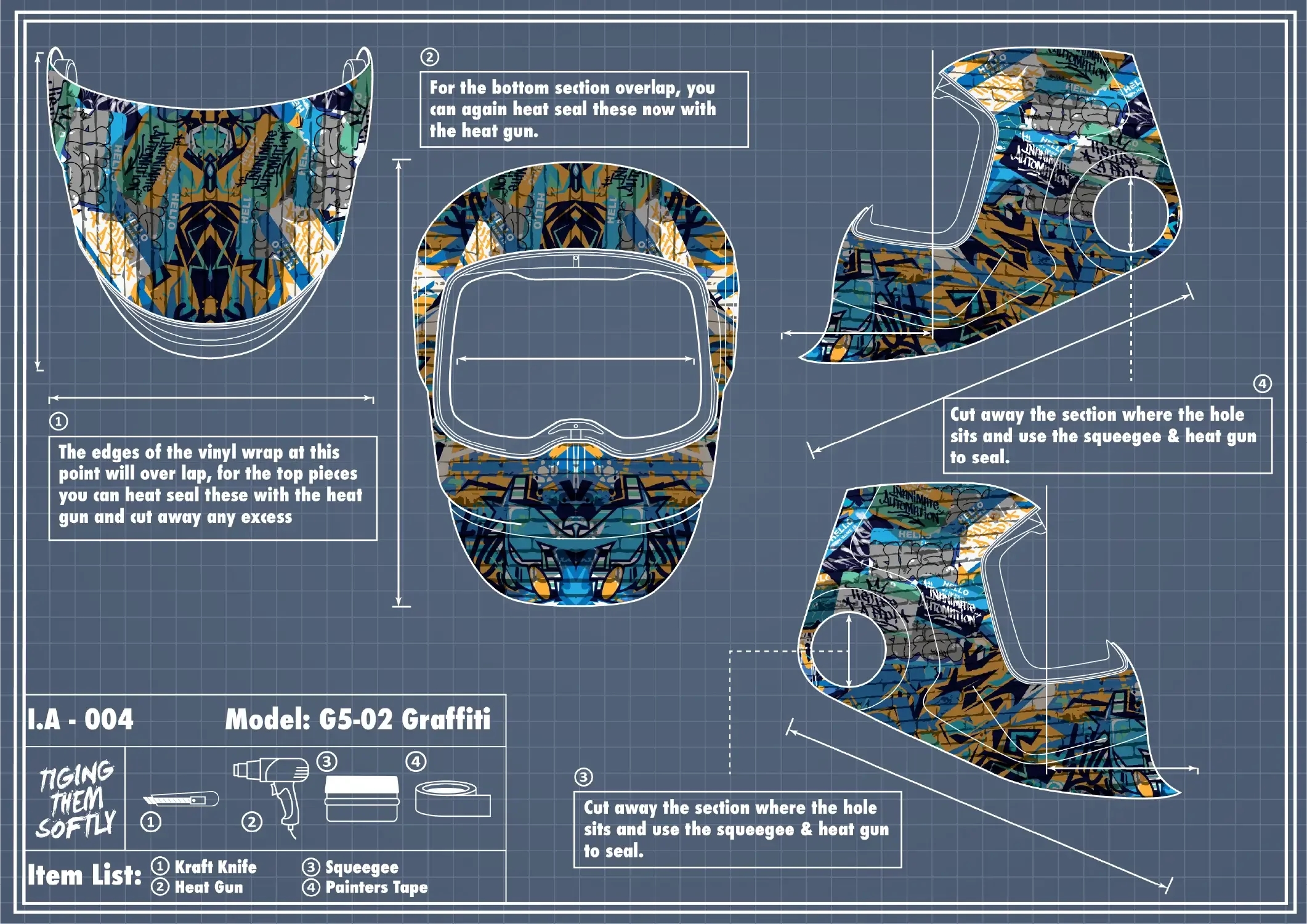 IA-004 graffiti welding hood vinyl overlap and sealing — using heat gun and squeegee for curved surfaces