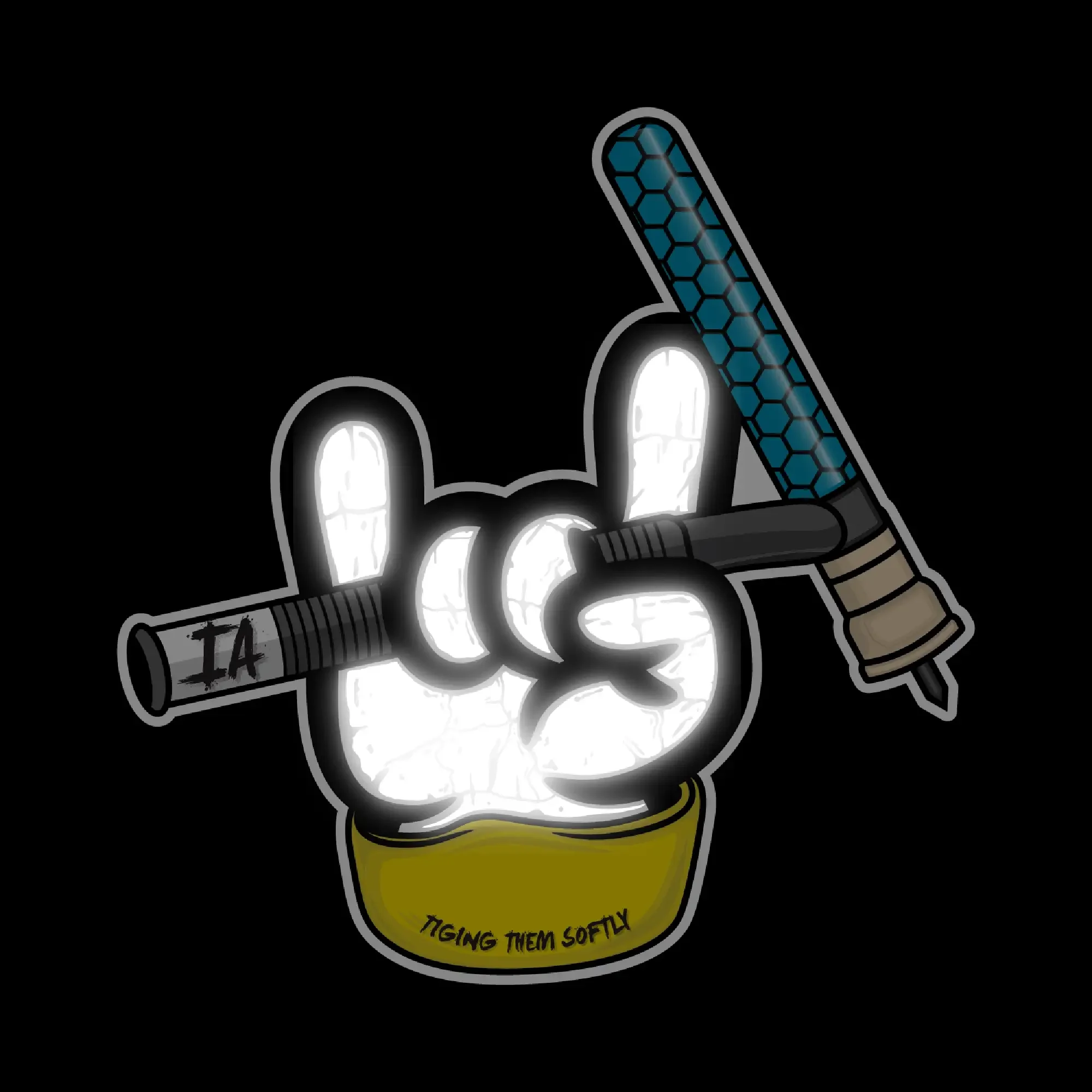 Little Tillman Sticker under UV light – glowing version of welding hand design with hidden ink effect