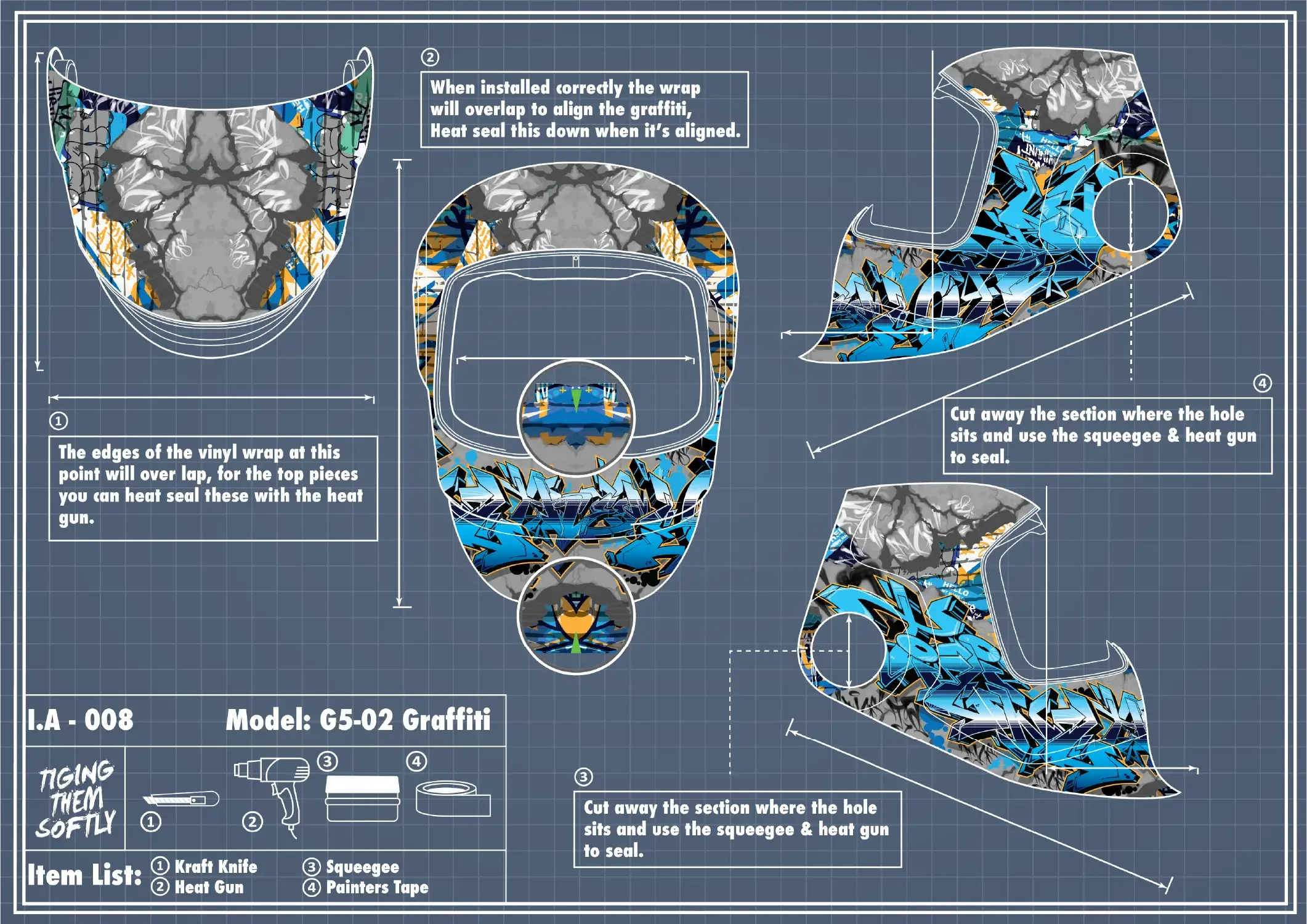 IA-008 final graffiti welding hood wrap — overlapping alignment, heat sealing, and finishing with squeegee
