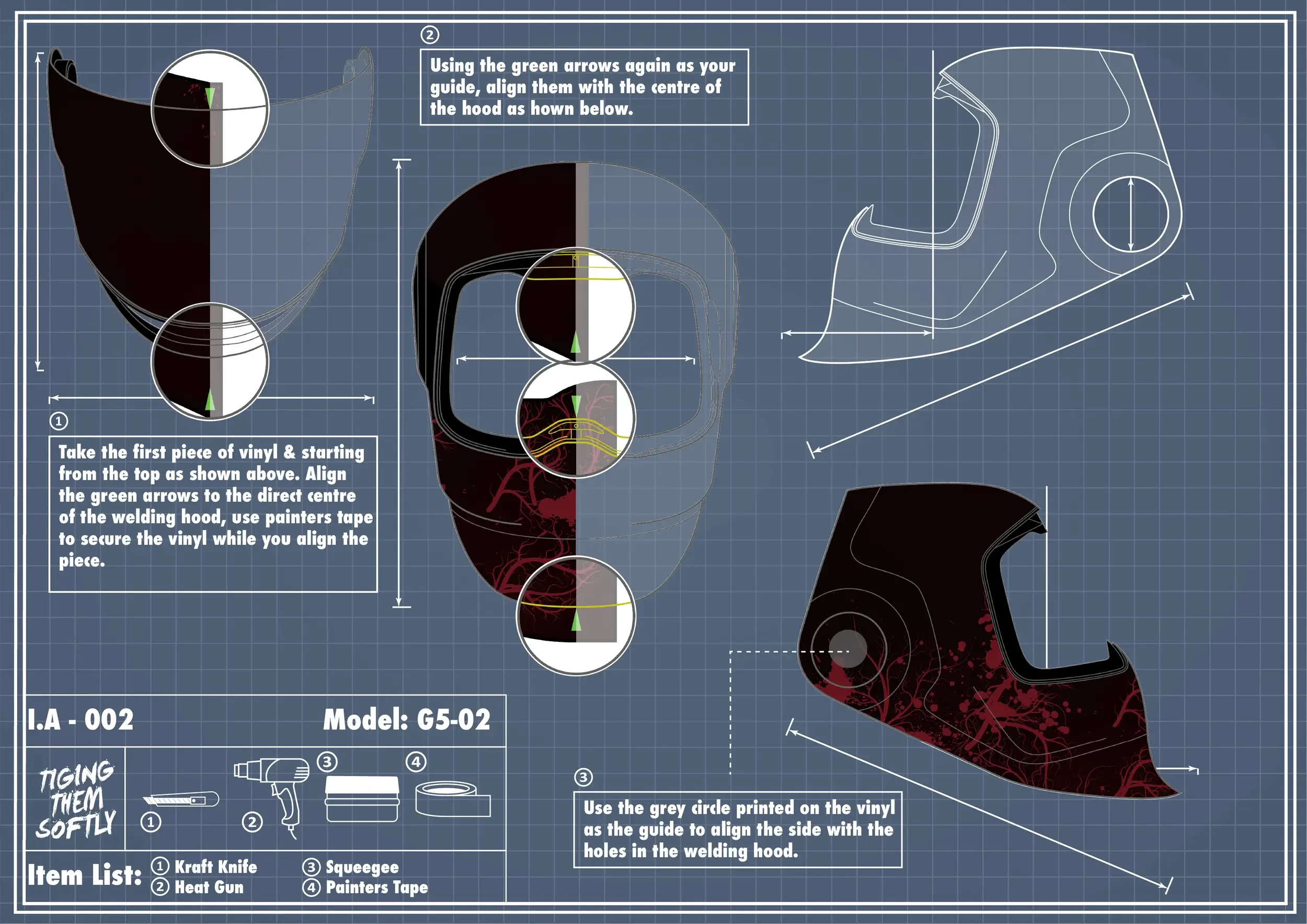 IA-002 Flesh welding hood wrap — aligning vinyl using green arrows and guide circles for accurate center placement