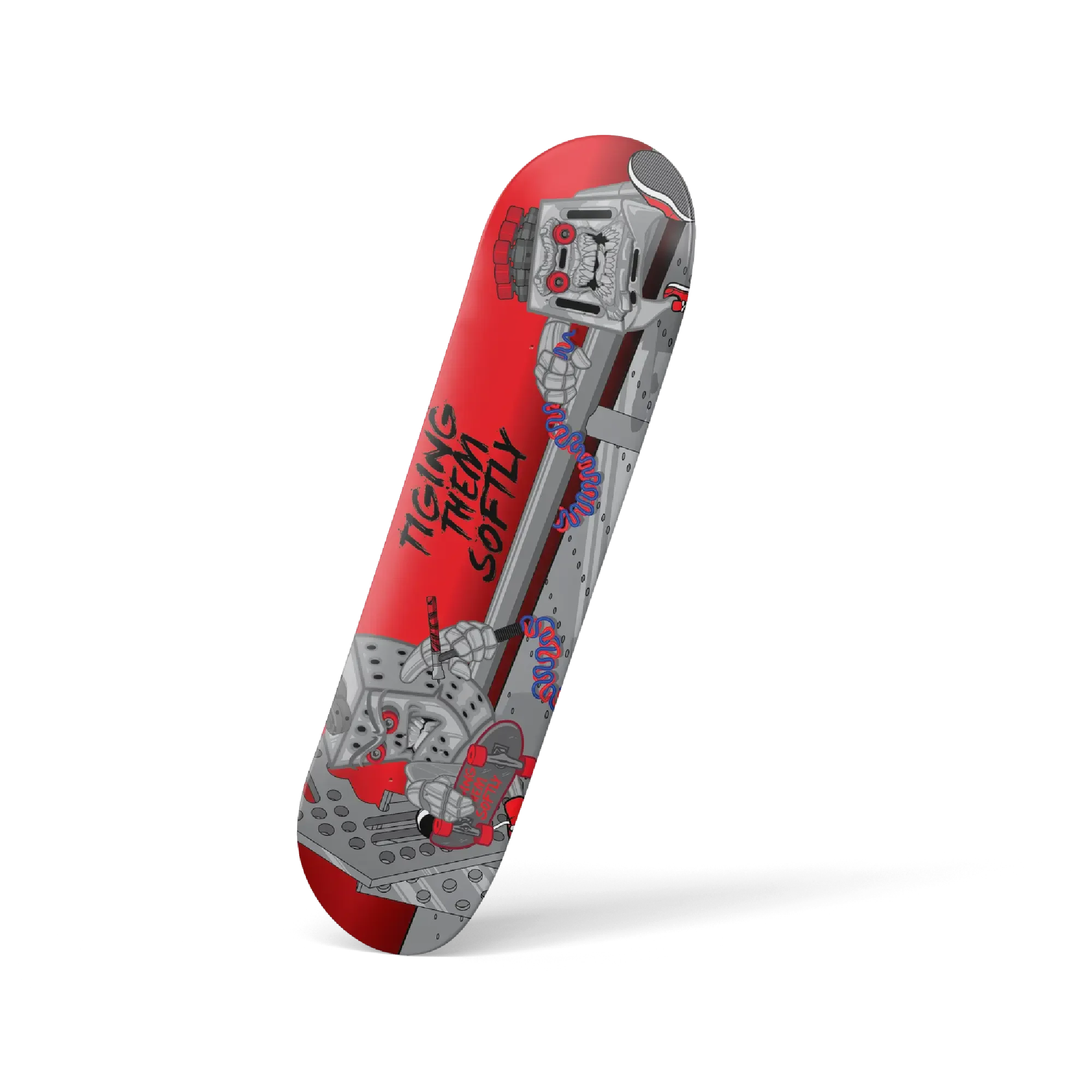 Tiging Them Softly Fixtures Skateboard Deck – angled side view showing red base and bold graphic