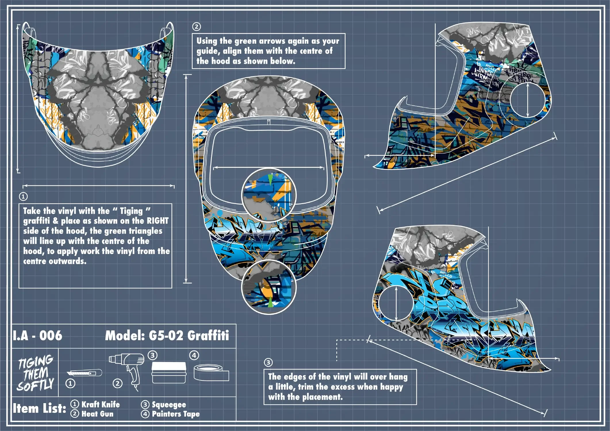 IA-006 TIGING graffiti section placement — right-side vinyl alignment using green guide arrows on welding hood