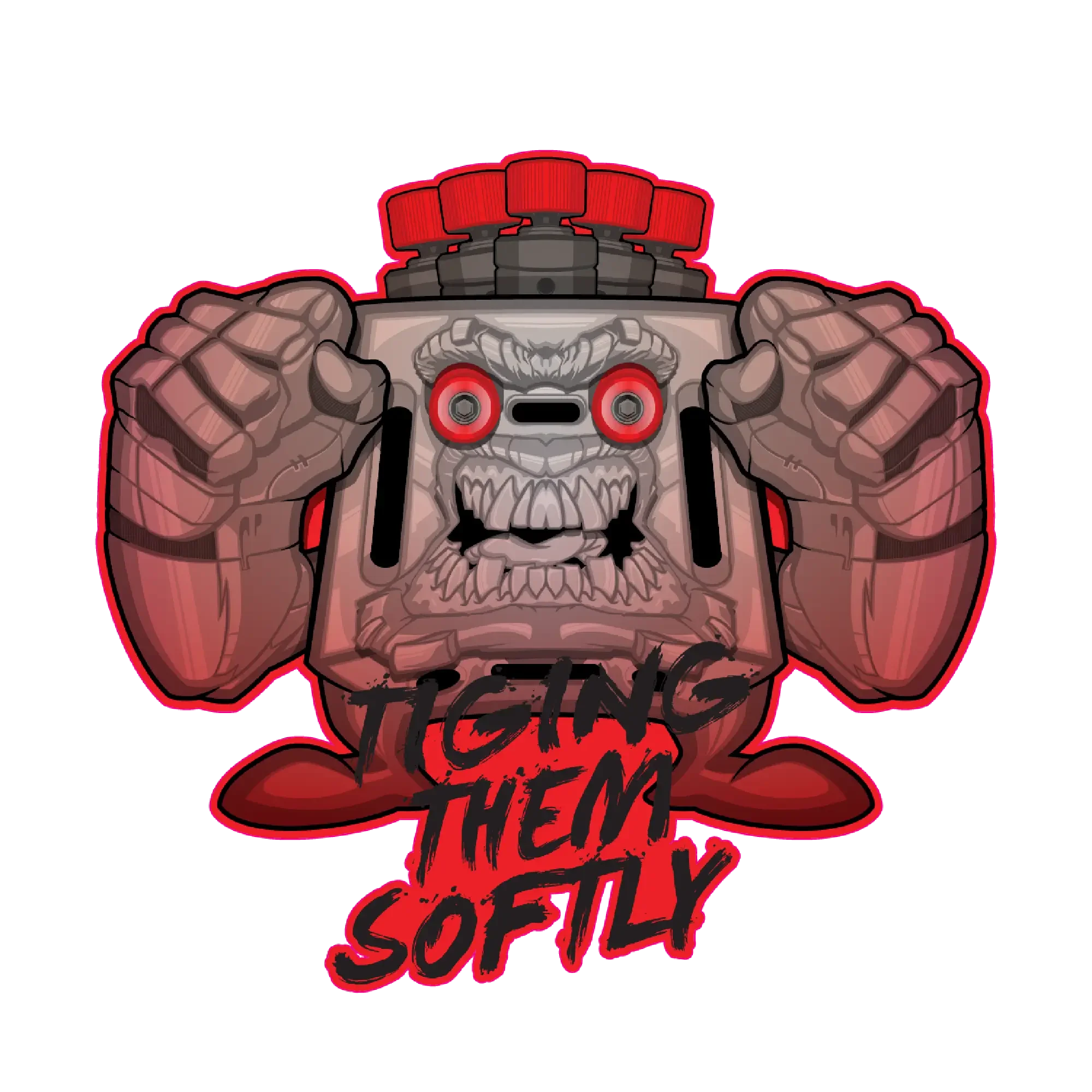 Mini Block Fixture Sticker – cartoon welding fixture character with red eyes and fists raised, Tiging Them Softly logo