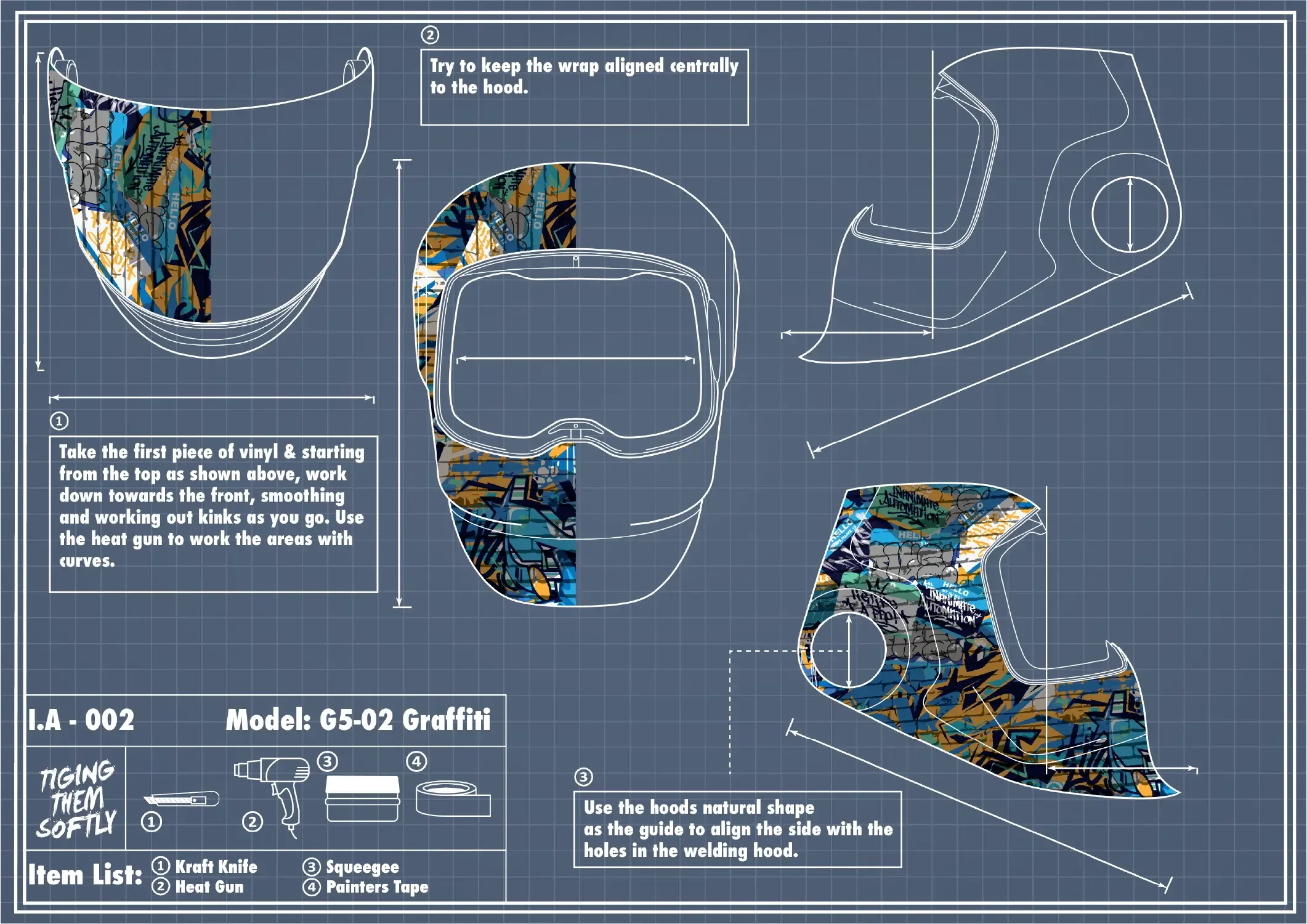 IA-002 graffiti welding hood wrap step-by-step guide — applying first vinyl piece and aligning on hood shell