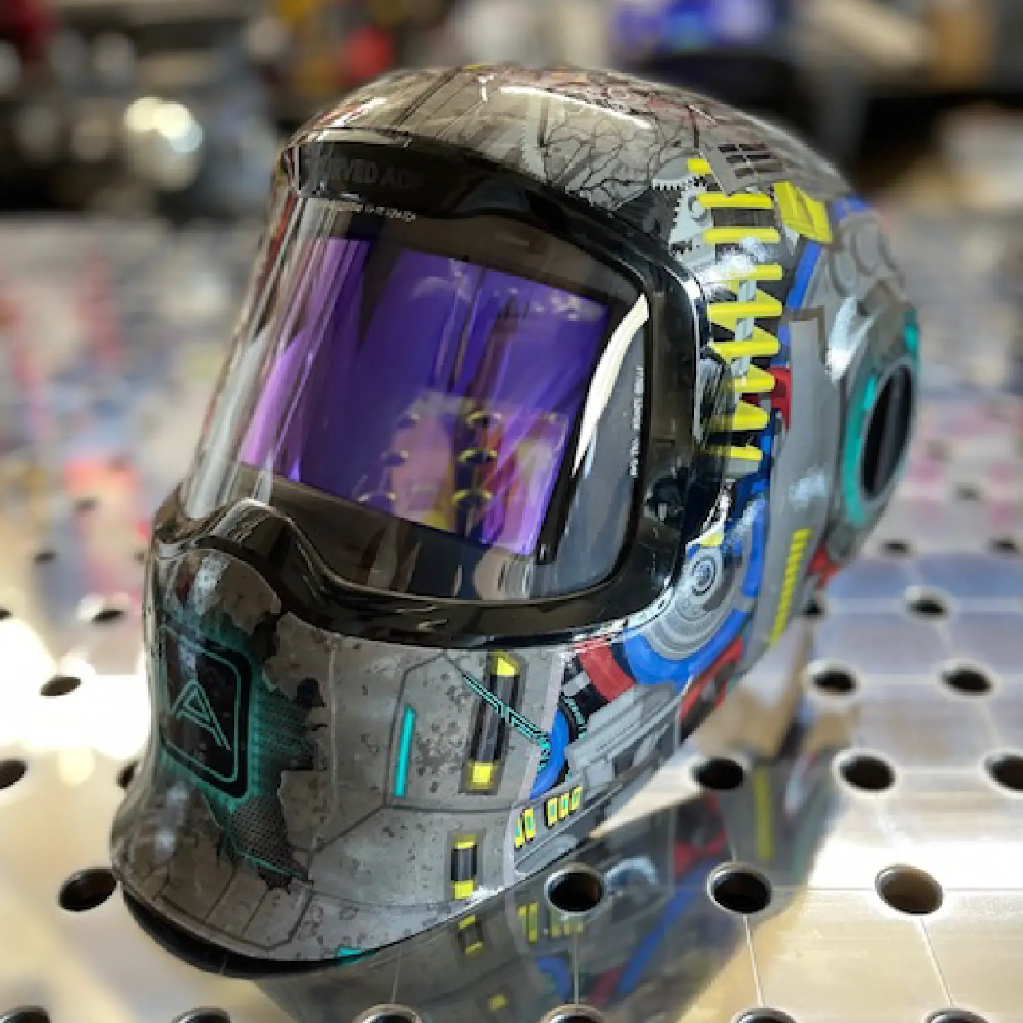 Mecha G5-02 Welding Mask Shell Wrap – top view highlighting armor panels and neon detailing