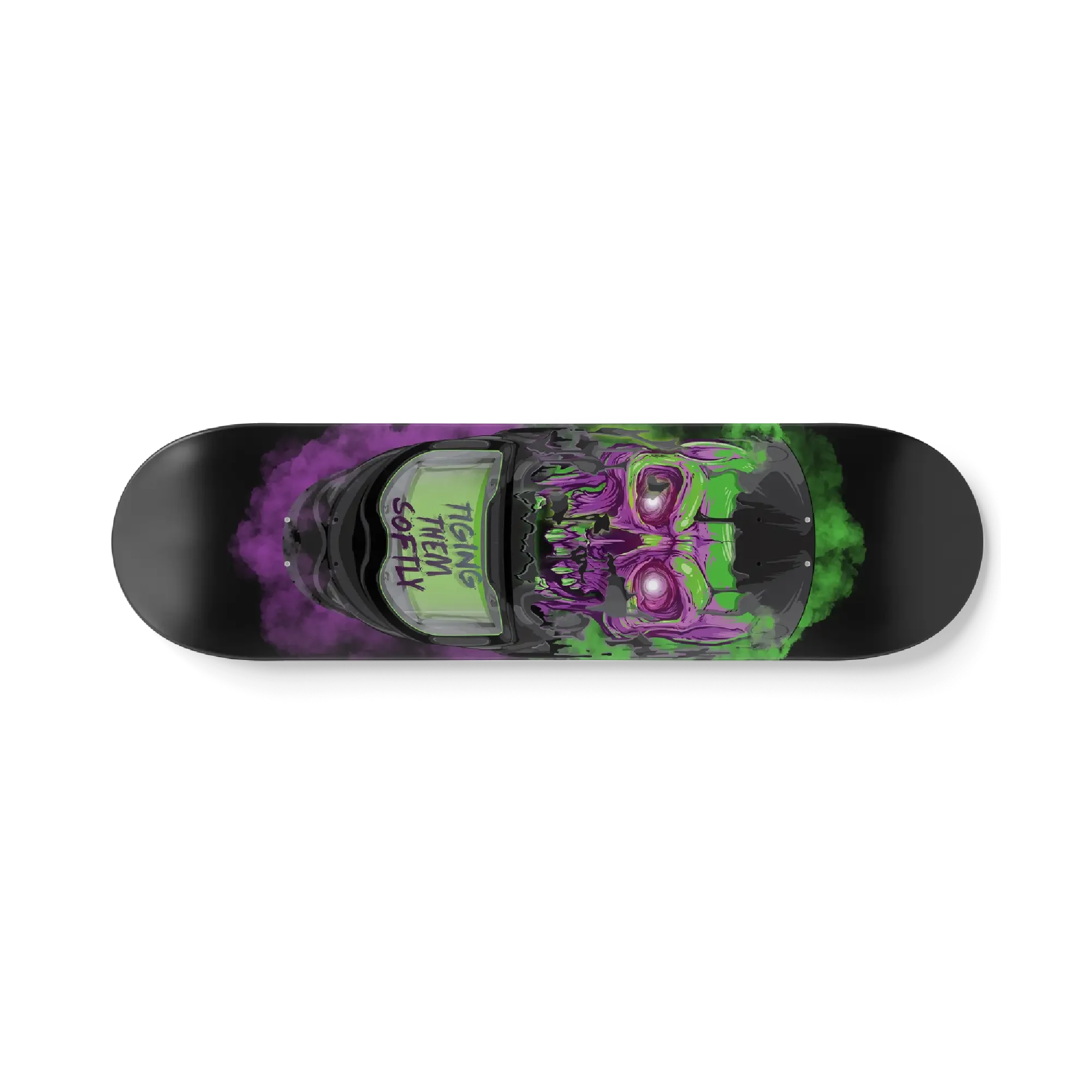Tiging Them Softly Skull Skateboard Deck – horizontal layout showing full skull and welding hood artwork