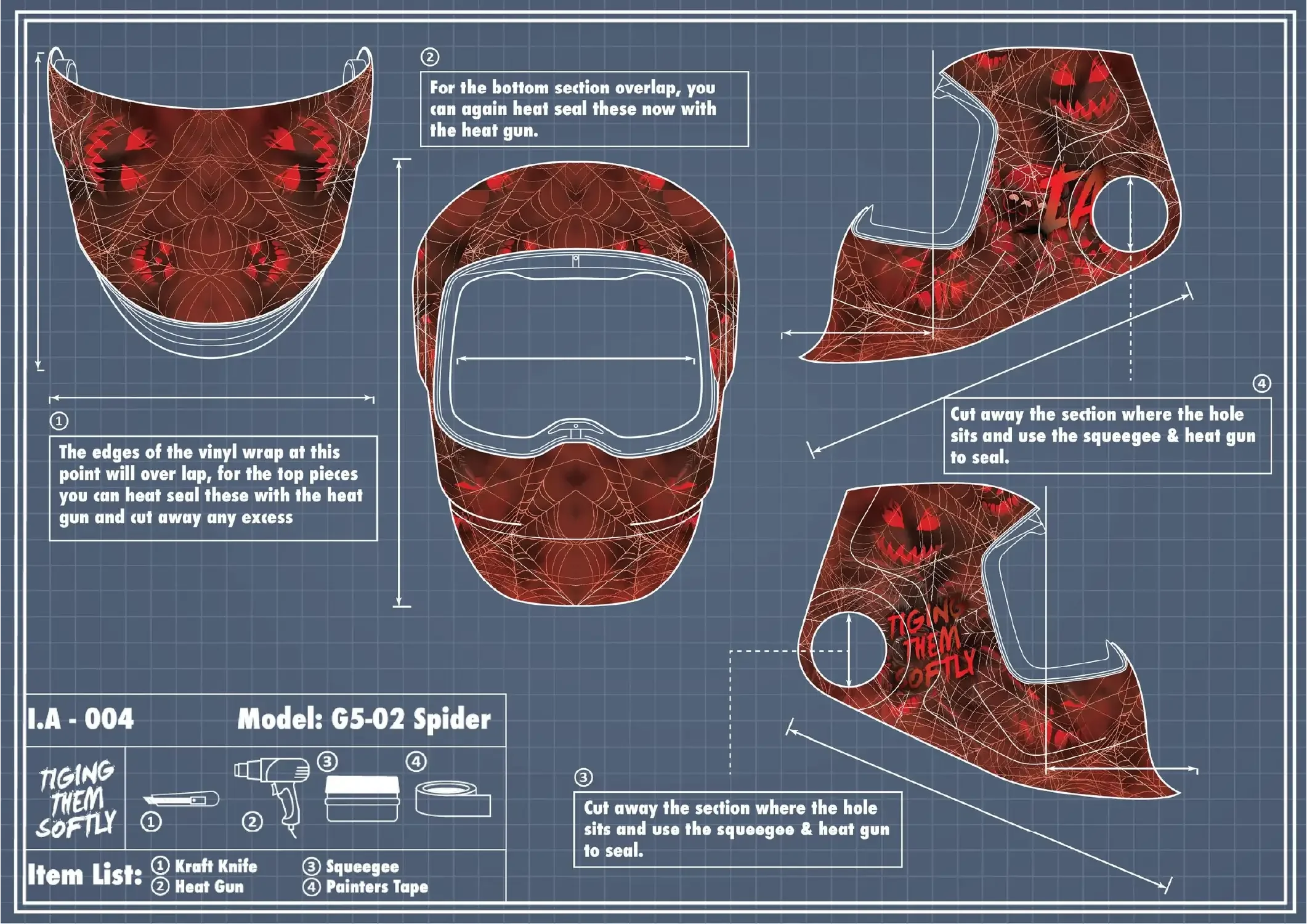IA-004 Spider welding hood vinyl overlap and sealing — using heat gun and squeegee to smooth red web pattern and trim edges