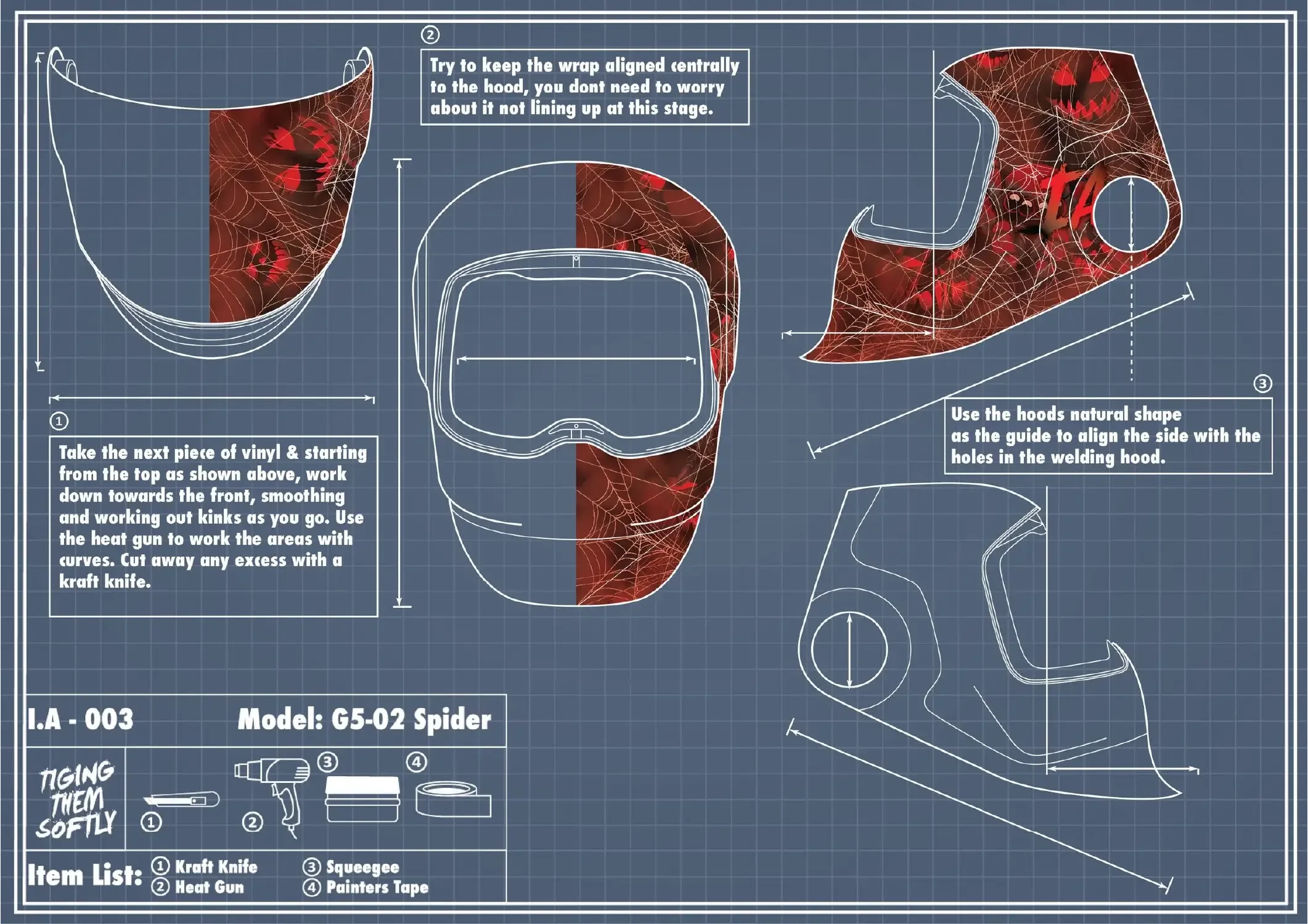 IA-003 G5-02 Spider wrap installation — second vinyl section placement with red web design and side alignment for welding helmet