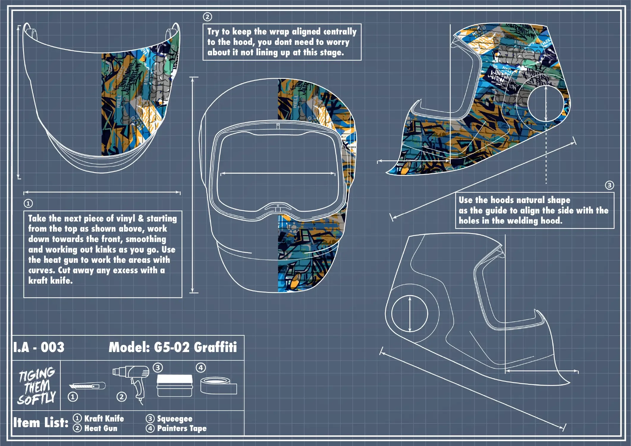 IA-003 G5-02 Graffiti welding helmet wrap — second vinyl section alignment and trimming with craft knife