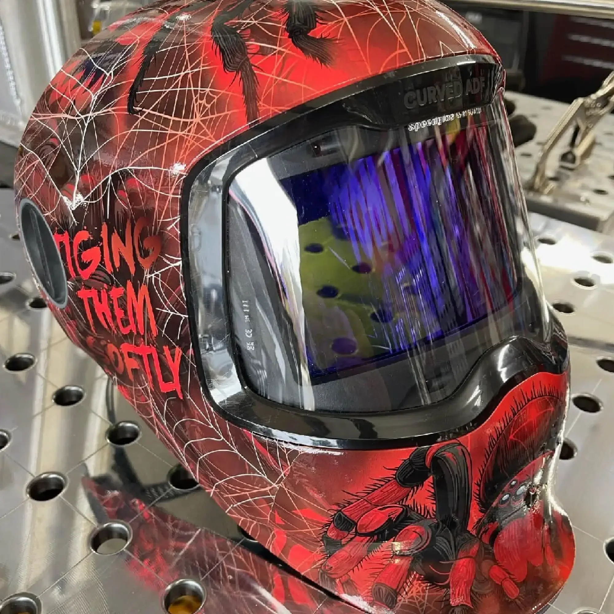 Spider G5-02 Welding Mask Shell Wrap – side view showing detailed web and spider graphics