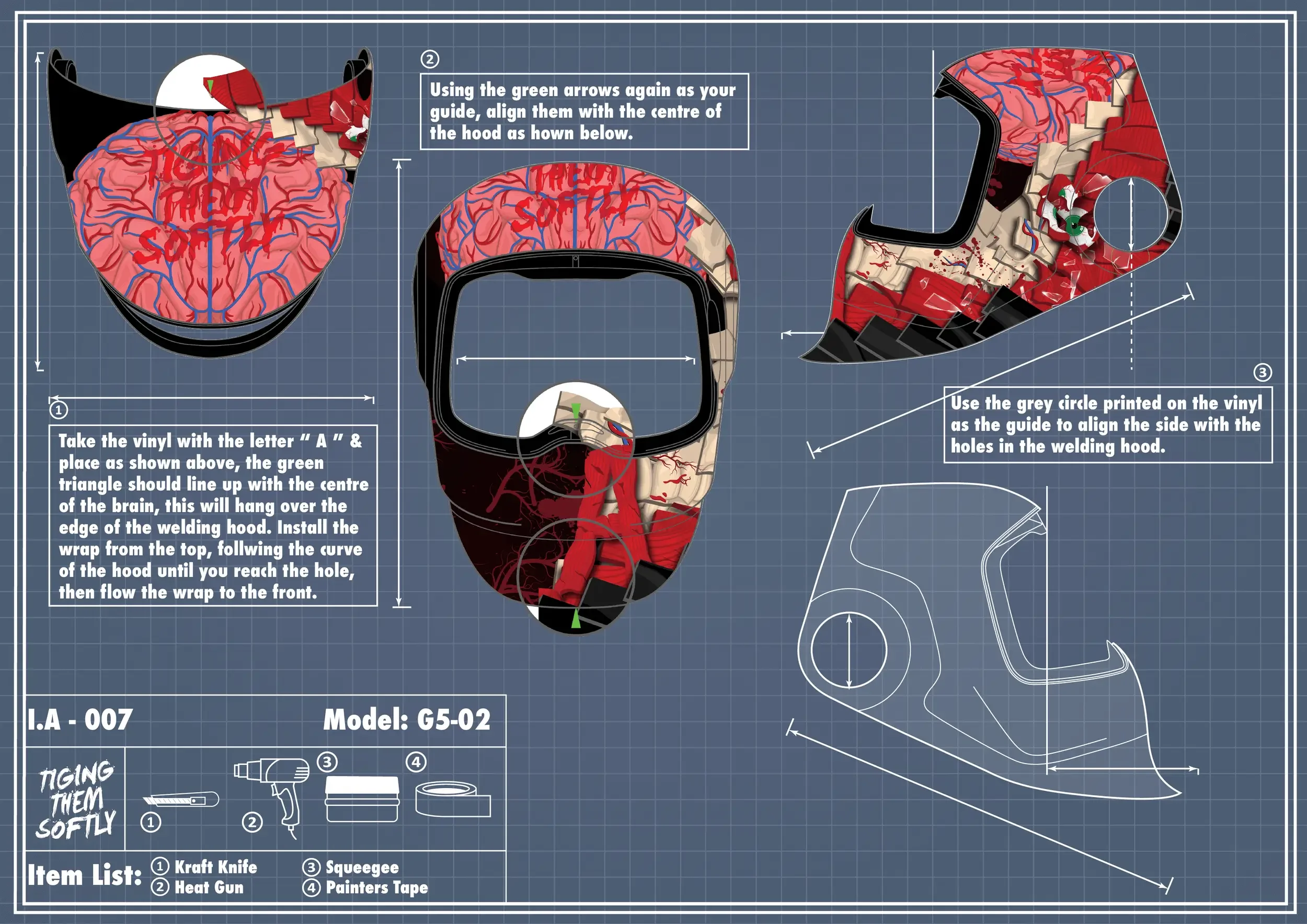 IA-007 Flesh welding hood — letter A vinyl placement and overlap alignment for seamless side-to-side wrap coverage