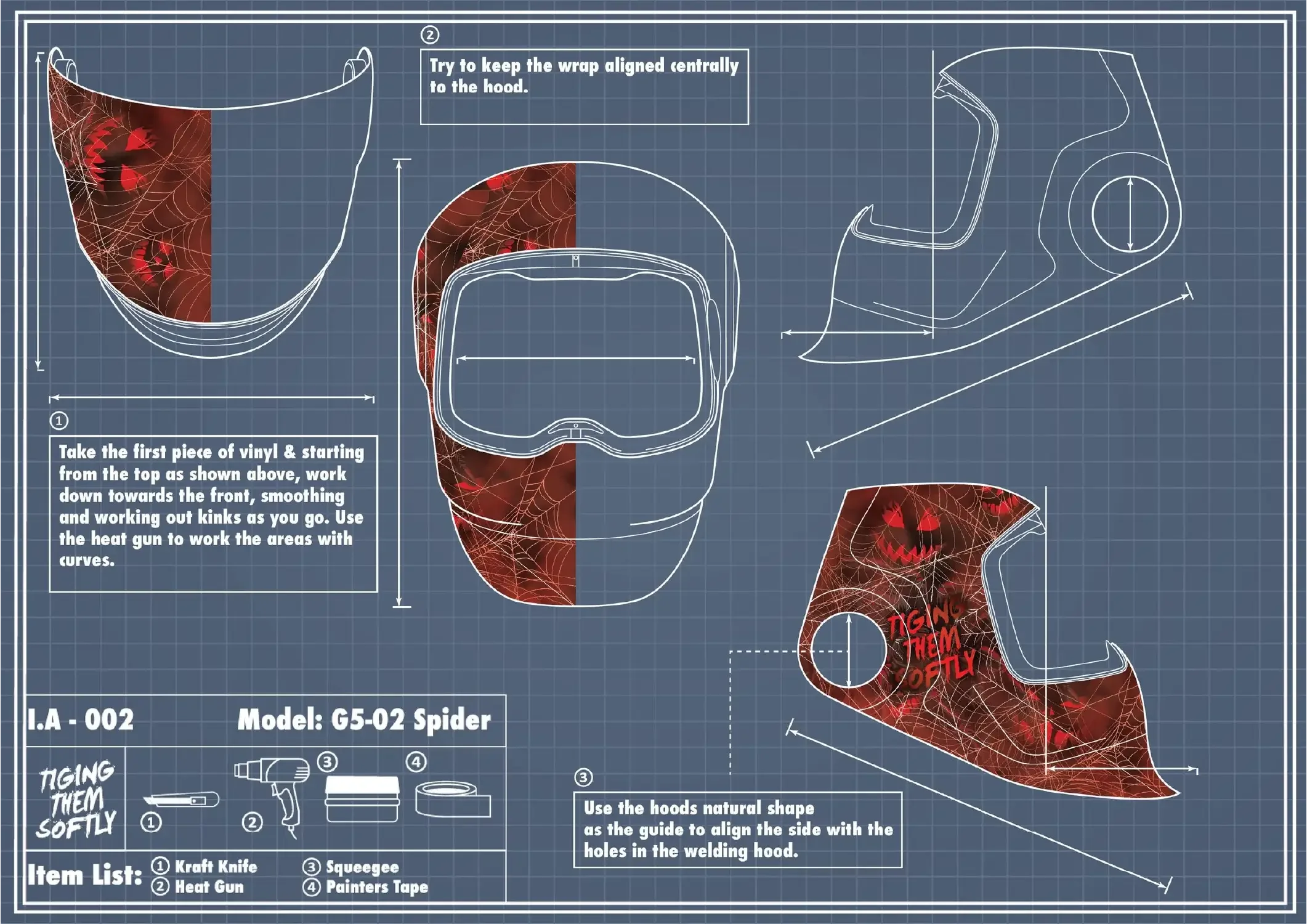 IA-002 Spider welding hood wrap step-by-step guide — applying first vinyl piece and aligning central web pattern on hood shell