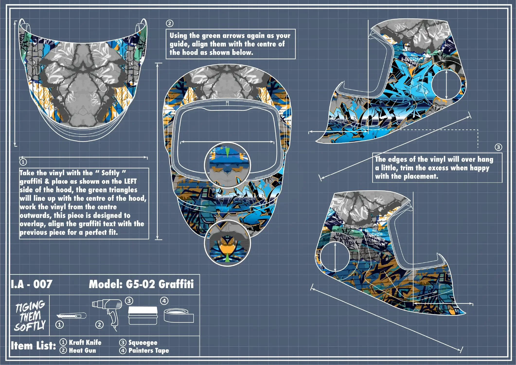 IA-007 SOFTLY graffiti left-side vinyl placement — overlapping and trimming for perfect fit on welding hood