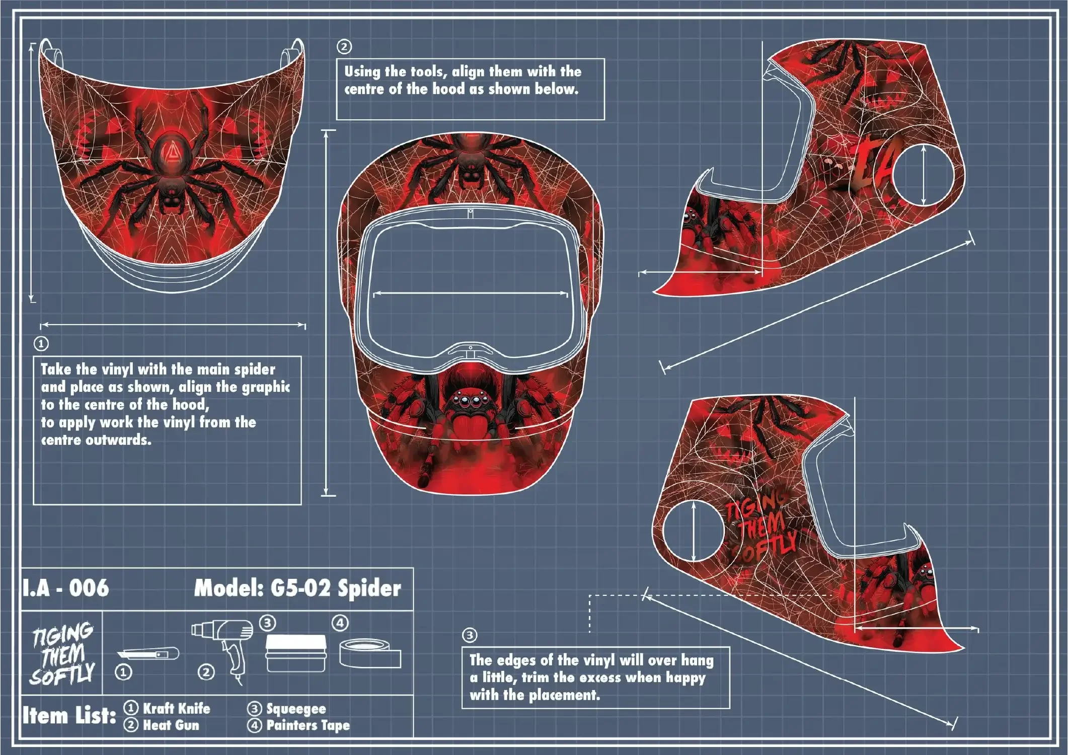 IA-006 main spider graphic alignment — final vinyl placement on welding hood showing centered spider design and smooth finish