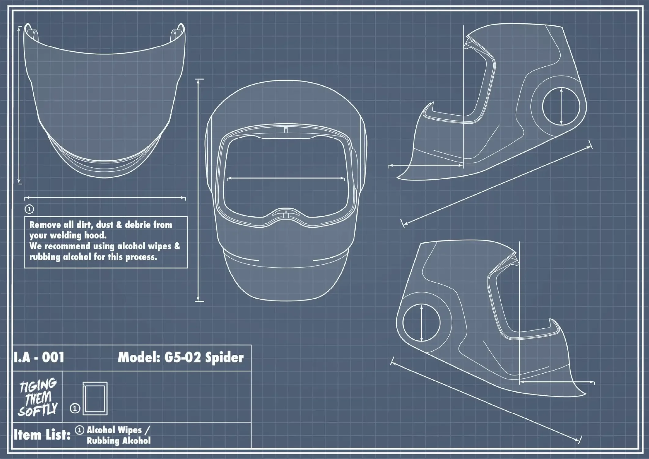 “IA-001 Spider welding hood blueprint — cleaning preparation for G5-02 Spider vinyl wrap using alcohol wipes and rubbing alcohol